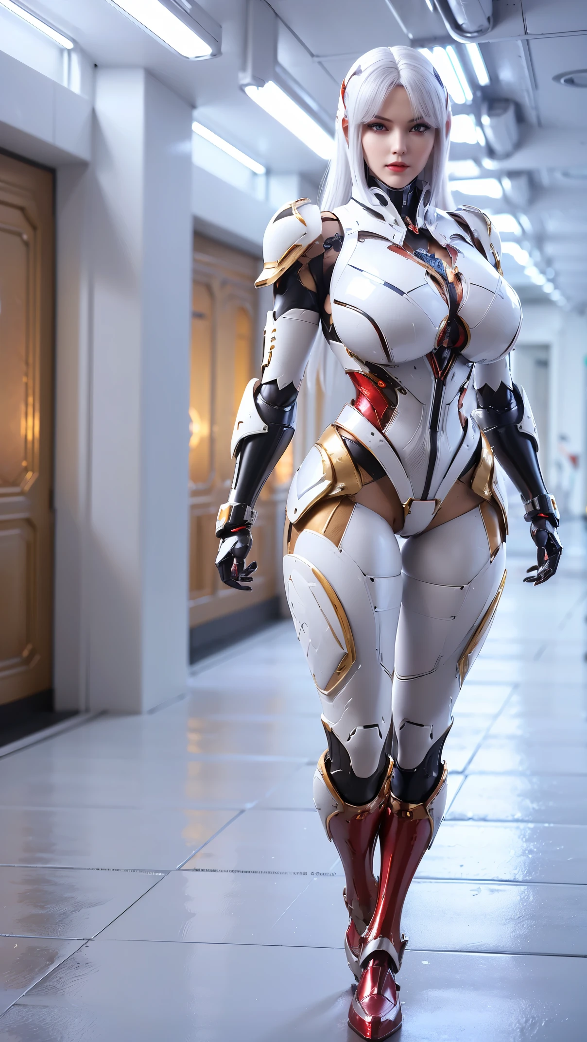 A beauty girl with white hair, (REALISTIC:1.2), (PHOENIX GOLD HELM:1.1), (BIG BUTTOCKS, HUGE FAKE BREAST:1.5), (CLEAVAGE:1.5), (BARE MUSCLE ABS:1.3), (MECHA GUARD ARMS:1.1), (RED SHINY FUTURISTIC MECHA BREASTPLATE, BLACK MECHA SKINTIGHT SUIT PANTS, MECHA GUARD ARMOR LEGS, HIGH HEELS:1.5), (MUSCULAR BODY, SWEATY SKIN, SEXY LONG LEGS:1.1), (LOOKING AT VIEWER:1.3), (female focus:0.9), (WALKING HALLWAY OF FUTURISTIC SPACE STATION:1), (BRIGHT LIGHT WHITE_ROOM:1.3), HYPER TEXTURE, 4X MSAA, UNREAL ENGINE RENDER, PHYSICALLY-BASED RENDERING, ULTRA HIGHT DEFINITION, 16K, 1080P.