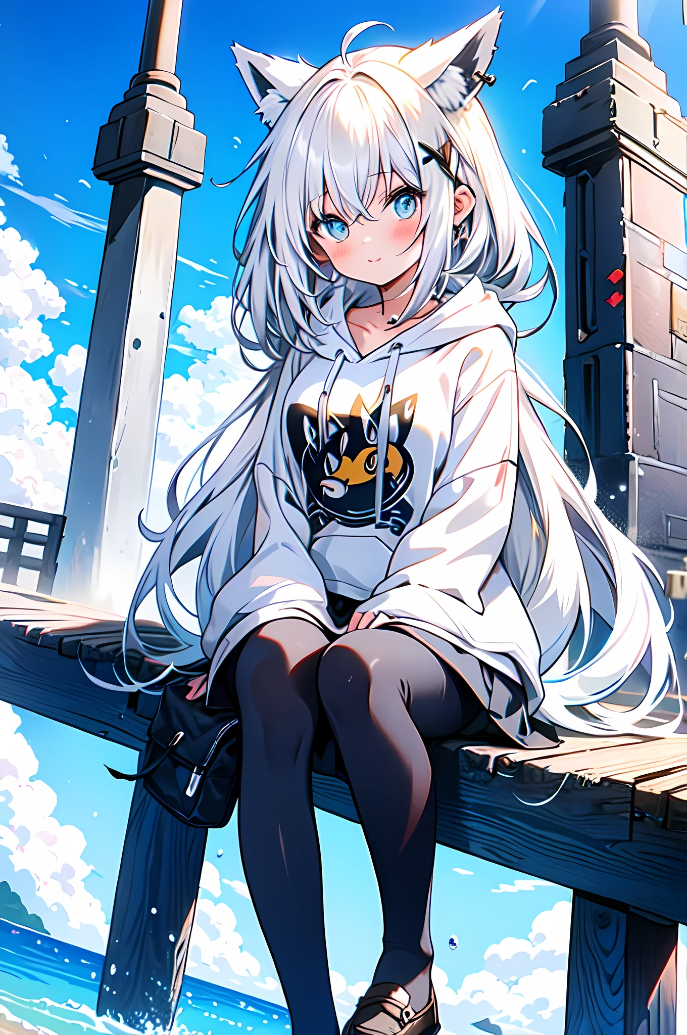 Fox girl, fox ears, fox tails, long hair, hoodie, skirt, pantyhose, Park view, sitting, masterpiece, best quality, human development report, high resolution,