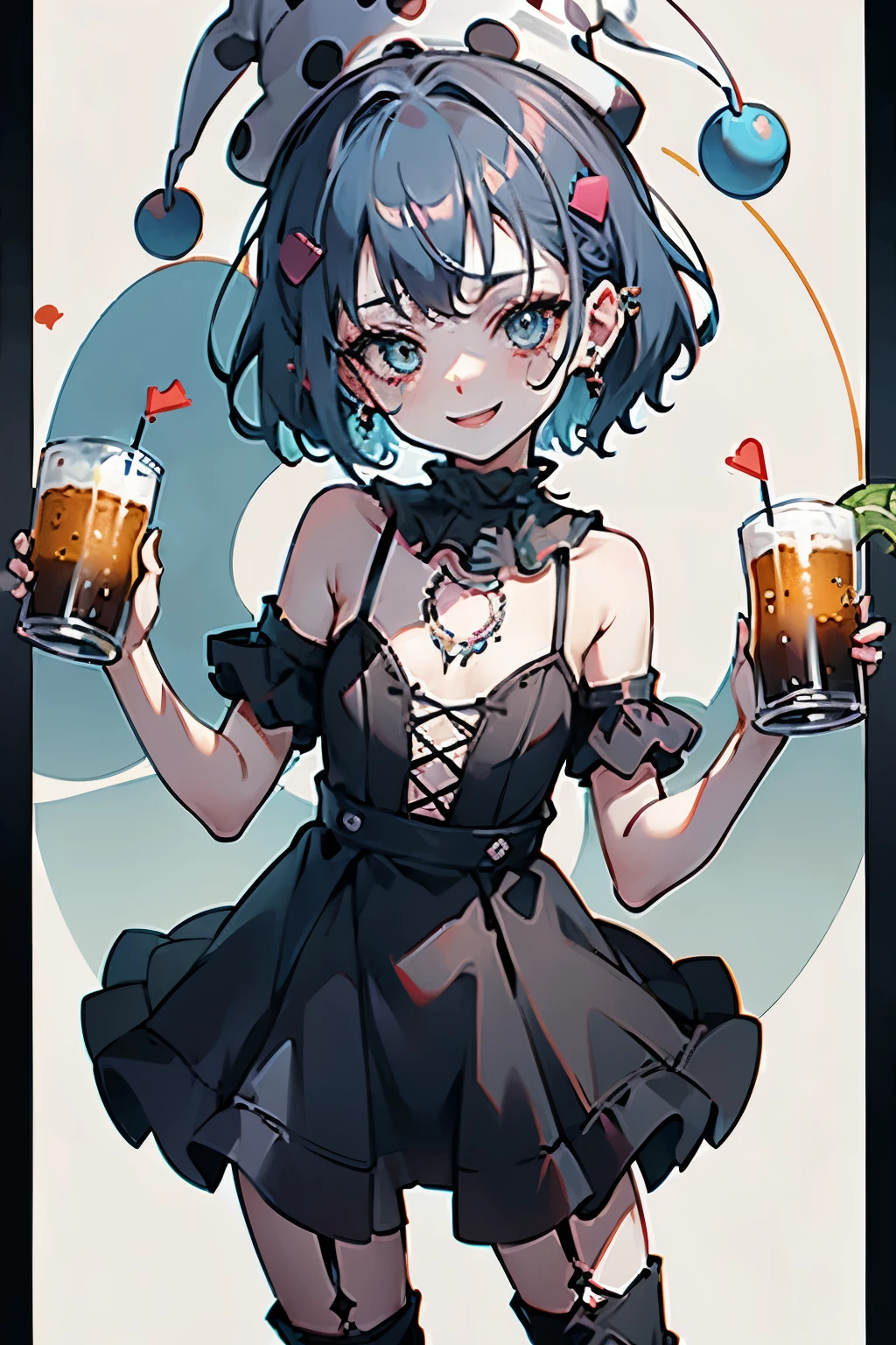 young girl, blue hair, clown girl, painted face with white, clown hat, clown picture, 18 years old, small breasts, small biotype, bob hair, tattoed arms, black tattos, piercings in face, , black dress, black letter dress, short dress, punk dress, wearing fishnet stockings, black boots, smiling, looking at viewer, holding beer cup, 4k, masterpiece
