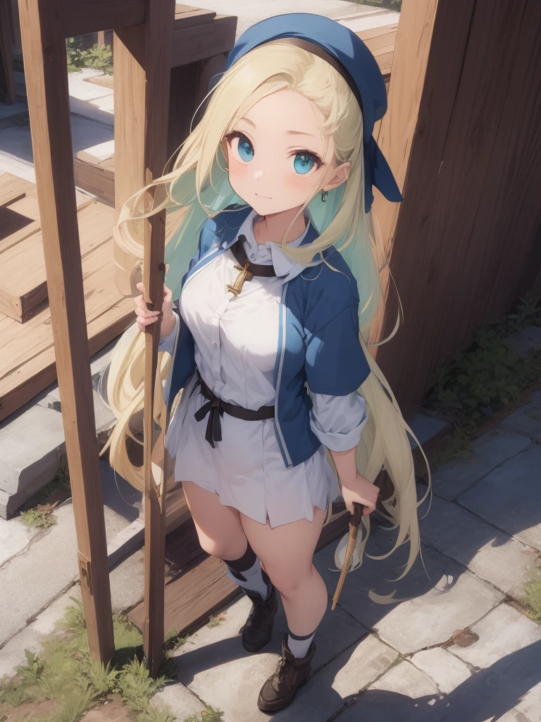 ((Mint Adnade from Tales of phantasia)), 1girl, solo, 18yo, blond long hair, ((straight hair)), deep blue eyes, ((Forehead)), blue hat, ((blue long vestment)), have a oak cane, full body shot, with Pico Pico Hammer
