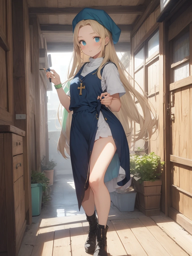 ((Mint Adnade from Tales of phantasia)), 1girl, solo, 18yo, blond long hair, ((straight hair)), deep blue eyes, ((Forehead)), blue hat, ((blue long vestment)), have a oak cane, full body shot, with Pico Pico Hammer