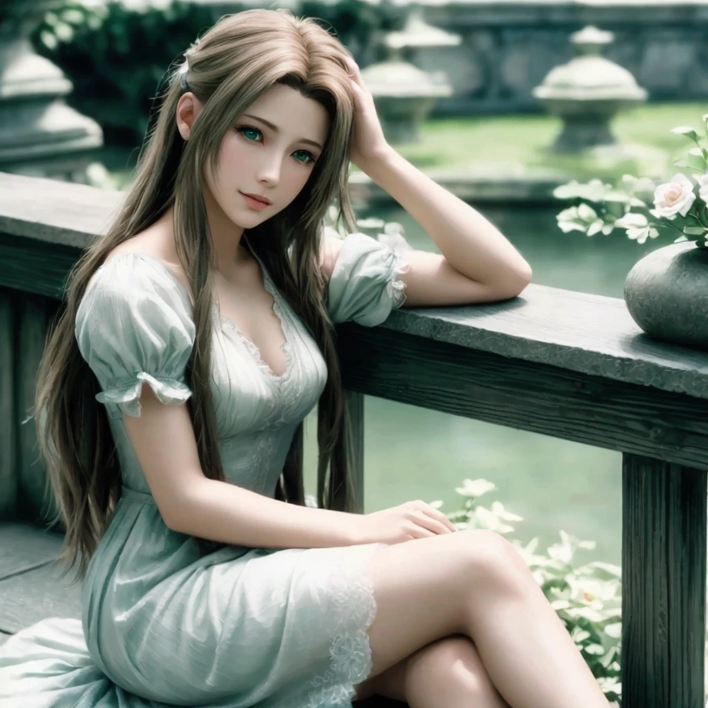 (best quality,4k,highres,masterpiece:1.2),ultra-detailed,realistic,portrait,Aerith,[Final Fantasy 7 Remake],beautiful detailed eyes,perfect face,detailed lips,symmetry,delicate face,delicate body,perfect body,physically-based rendering,vivid colors,studio lighting,green eyes,soft features,gentle expression,flowing hair,sparkling eyes,flawless skin,gorgeous,ethereal atmosphere,subtle makeup,beautifully rendered,textured clothing,graceful pose,aesthetically pleasing,bokeh