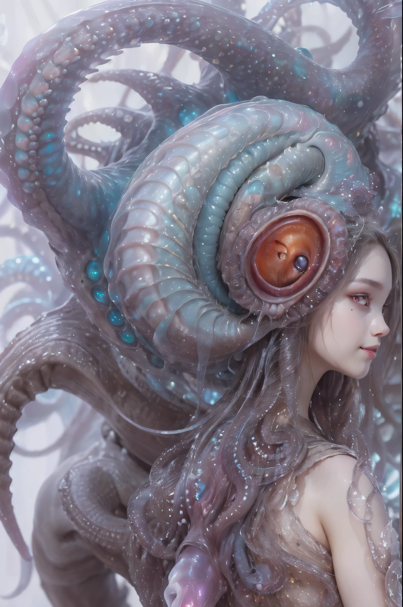 scary and sexy detailed art in color, Portrait, (beautiful and obscene female alien:1.4), (vulgarity1.7), (she has red eyes with no pupils:1.8), (Translucent white skin:1.7), (There is a female genital-like organ in the middle of the forehead:1.9), (The most beautiful face in the history of the universe:1.2),an evil gaze that seduces, (large mouth:1.1), (sharp teeth like a vampire:1.2), Full body portrait, (bio luminescent:1.5), (Smile wickedly:1.3), (sexypose:1.5), alien, No humans, cells are fused, (Lots of translucent tentacles:1.3) extraterrestrial, cell, bio image, best quality, 8K,In 4K_quality, High freshness, Dramatic Lighting, masutepiece:1.5,cinematic quality, detail up, (exquisite details:1.2), high resolution, High freshness, drawing faithfully, (Thick eyebrows:1.2), Beautiful eyes with fine symmetry,(Highly detailed face and eyes:1.2), Intimate face, (Super detailed skin quality feeling:1.4), perfect anatomy, (Beautiful toned body:1.5), (Moist skin:1.2), not wearing makeup, (dark circles:1.1), long canines, cinematic drawing of characters, ultra high quality model, cinematic quality, detail up, (exquisite details:1.2), high resolution, High freshness, drawing faithfully, official art, Unity 8K Wall paper, best quality, Very high resolution, ultra detailed artistic photography, midnight aura, unreal engine 5, Ultra Sharp Focus, art by Amano Yoshitaka, ArtGerm, Roisch, intricate artwork, best quality, masterpiece, ultra high resolution, (photos realistic:1.4), ultra realistic realism, dream-like, nautilus, Creation of fantasy, Snail, Dream Snail, (biopunk nautilus:1.3),Thrilling color schemes, ultra realistic realism, seductively smiling, Blue tentacles, Amazing mutation, well-proportioned body, goddess of the deep sea