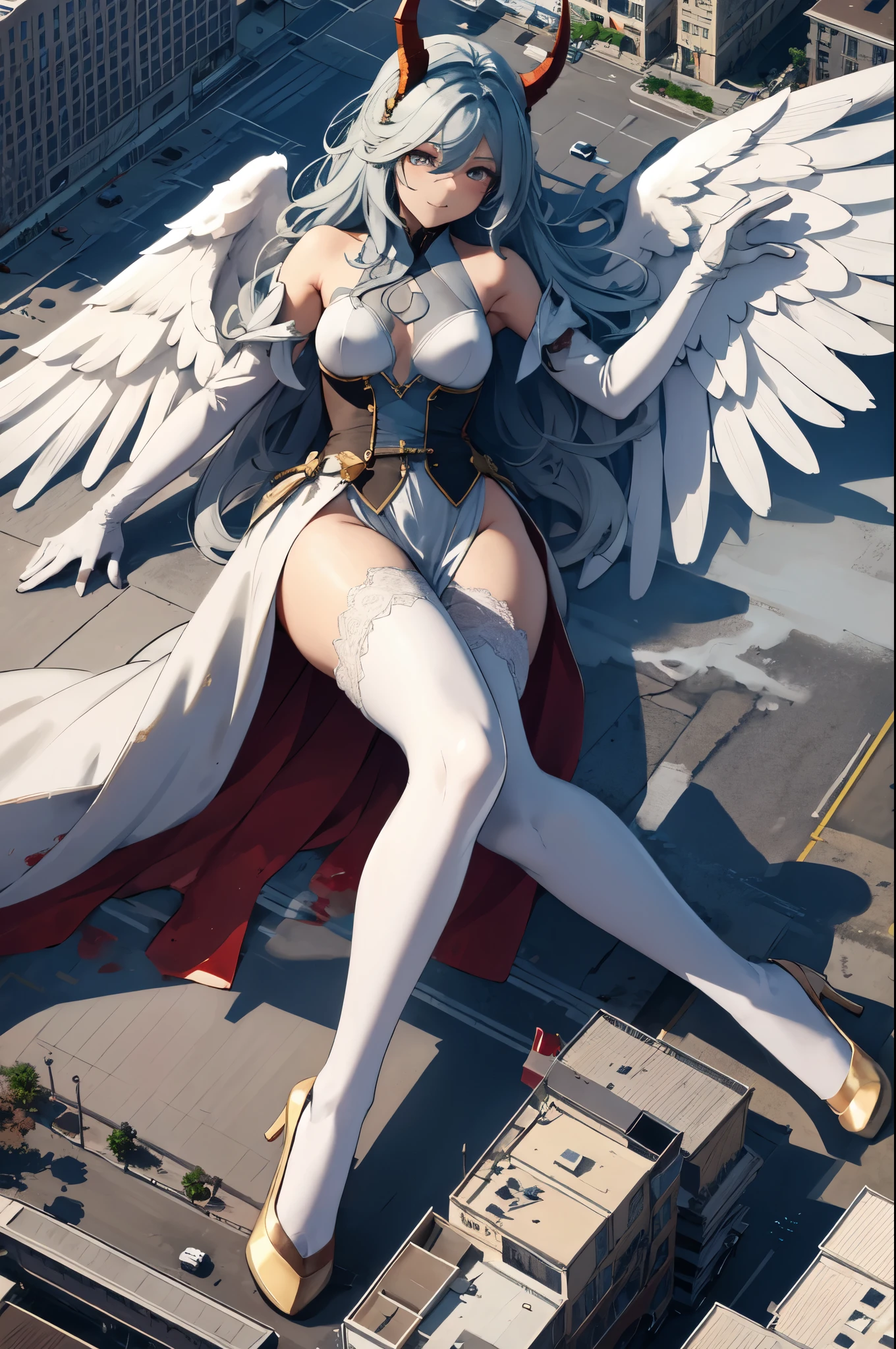 Aerial View，giant girl 50,000 feet high，Have a pair of long legs，Has a pair of huge angel wings，With huge devil horns on his head，Has white waist-length hair，loose hair，Wearing a pair of Mary Jane heels，white wavy hair，lace gloves，lace pantyhose，蕾丝whole body，leaning upright on a tall building，城市到处是blood stains，Beautiful appearance，Exquisite makeup，quality，8k，高quality，(governor:1.5)，Perfect proportion, Cinema lighting，film grain，Fuji colors，8k，textured skin，Super details，high detail，high resolution，explode，fake smile，blood stains，脚底有blood stains，whole body，Fat stature