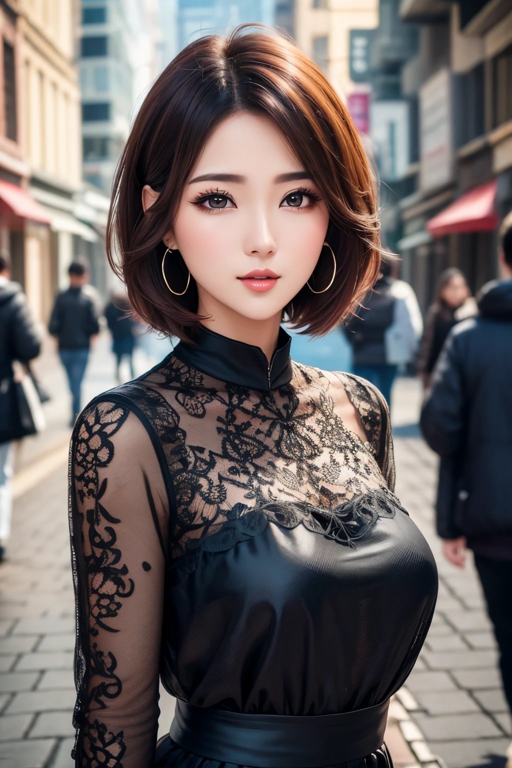 best quality, 32k, RAW photo, incredibly absurdres, extremely detailed, neat and cool beauty, flowing layered short bob cut, wearing dressed like a neat idol, amorous expression, lewd expression, slender, perfect proportion, professional lighting