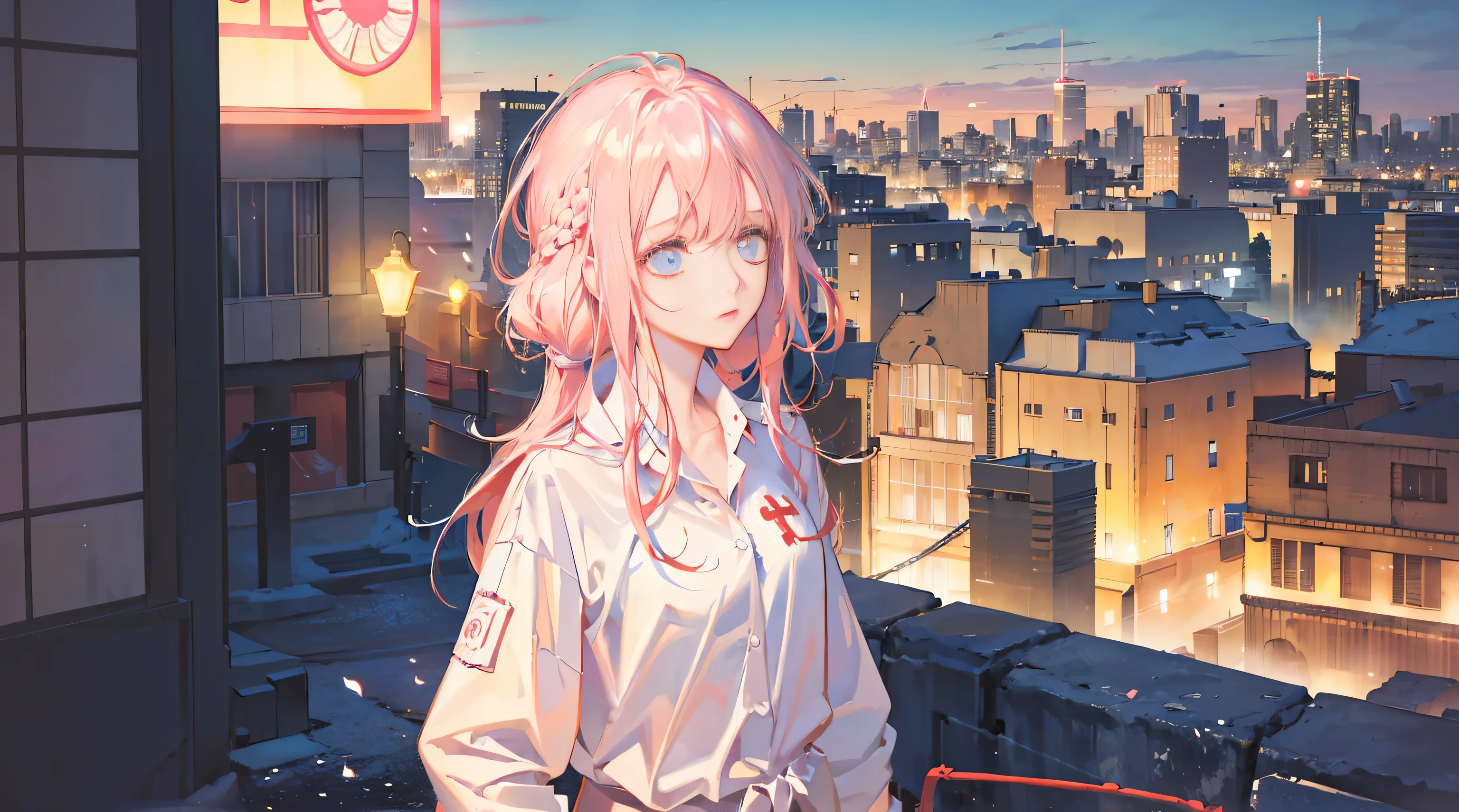 1 girl, alone, Change, small, (Very_long_pink_hair), braid, (Red_In the eyes_, (white_shirt:1.5), (windbreaker), 发Light的_Eye, background_Light, (city View:1.5), (neon_lamp:1.2), (), cyberpunk, ((masterpiece)), (High_detailed), (original),(精致的background),(Extremely detailed 8K wallpapers),lampLight, Volumetric lighting, light particles, shadow_Face, beautiful_detailed_Eye,



