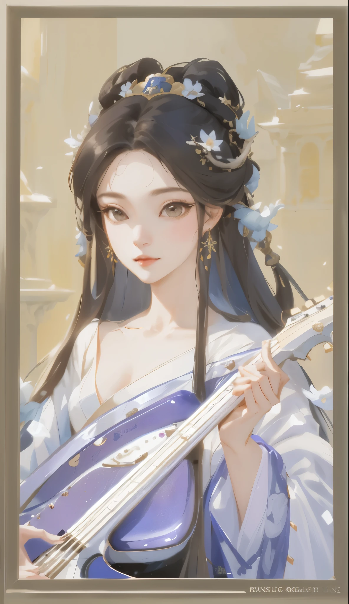 Close-up of a long-haired woman holding a guitar, Inspired by Qiu Ying, beautiful fantasy queen, palace ， A girl wearing Hanfu, ((beautiful fantasy queen)), Inspired by Zhang Yin, Inspired by Huang Ji, Inspired by Huayan, Inspired by Tang Yifen, Inspired by Zhao Yuan, Inspired by Lan Ying