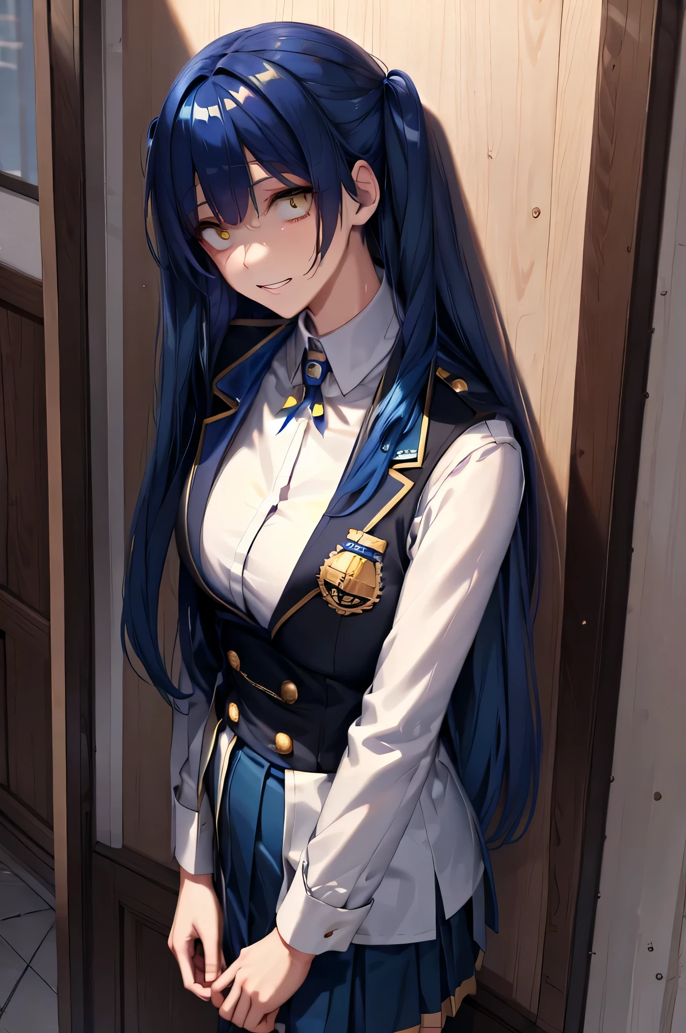 long hair, blue hair, yellow eyes, (twintails:1.1) blue suit, skirt, shirt, school uniform, badge on the chest
