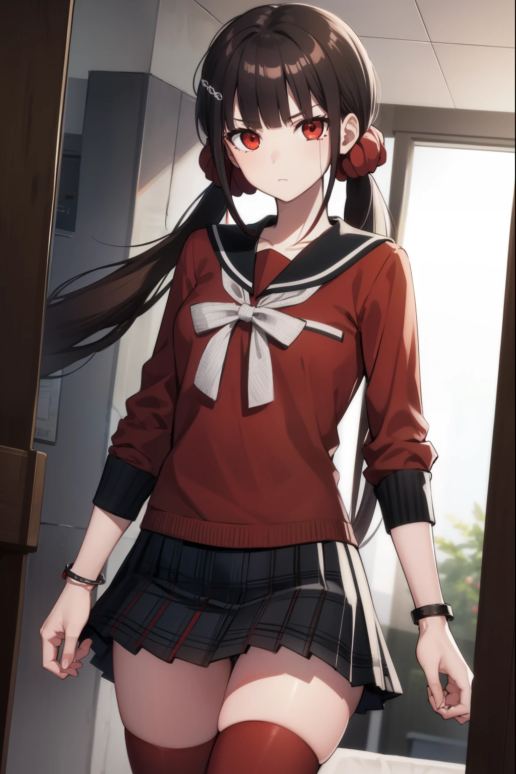 makiharukawa, harukawa maki, long hair, bangs, brown hair, black hair, hair ornament, (red eyes:1.5), twintails, very long hair, hairclip, blunt bangs, mole under eye, low twintails, scrunchie, hair scrunchie, red scrunchie, (small breast:1.2), BREAK skirt, shirt, thighhighs, long sleeves, bow, school uniform, pleated skirt, serafuku, miniskirt, black skirt, sailor collar, mole, bracelet, zettai ryouiki, plaid, plaid skirt, red shirt, black sailor collar, red thighhighs, BREAK looking at viewer, BREAK outside, beach, BREAK (masterpiece:1.2), best quality, high resolution, unity 8k wallpaper, (illustration:0.8), (beautiful detailed eyes:1.6), extremely detailed face, perfect lighting, extremely detailed CG, (perfect hands, perfect anatomy),