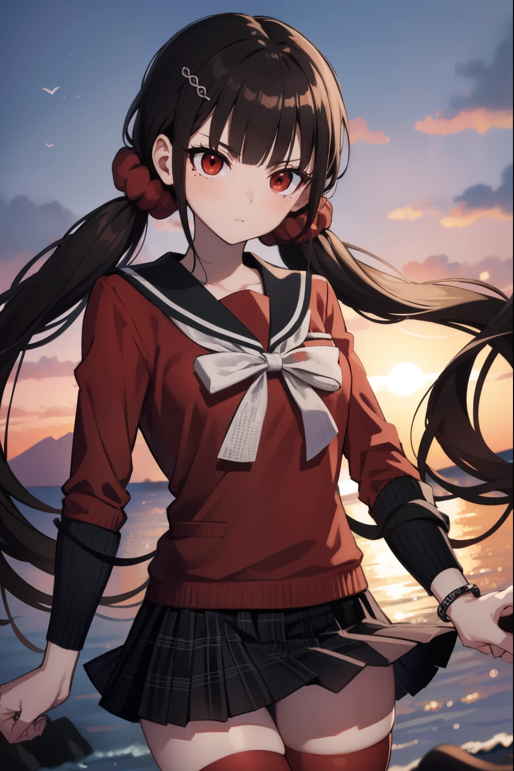 makiharukawa, harukawa maki, long hair, bangs, brown hair, black hair, hair ornament, (red eyes:1.5), twintails, very long hair, hairclip, blunt bangs, mole under eye, low twintails, scrunchie, hair scrunchie, red scrunchie, (small breast:1.2), BREAK skirt, shirt, thighhighs, long sleeves, bow, school uniform, pleated skirt, serafuku, miniskirt, black skirt, sailor collar, mole, bracelet, zettai ryouiki, plaid, plaid skirt, red shirt, black sailor collar, red thighhighs, BREAK looking at viewer, BREAK outside, beach, BREAK (masterpiece:1.2), best quality, high resolution, unity 8k wallpaper, (illustration:0.8), (beautiful detailed eyes:1.6), extremely detailed face, perfect lighting, extremely detailed CG, (perfect hands, perfect anatomy),