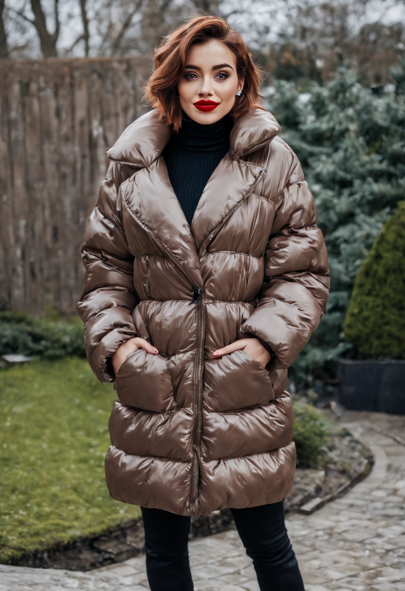 ultrarealistic high quality photo of a beautiful young busty european woman with cute face and dyed brown sidecut long messy bob and beautiful seductive smile, realistic eyes, freckles, glossy red lips, smokey eyes makeup, casual clothes with shiny long puffer coat, back view full body outdoor photography, posing in the winter backyard