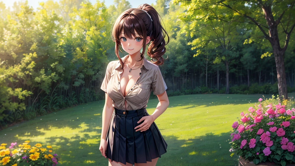 1girl, full body, solo, flowers, trees, brown hair, curly hair, long hair, ponytail, large , button shirt, cleavage 1:wn green shirt)), ((unbuttoned shirt)), ((short sleeved shirt)), blue eyes, skirt, smile, looking at the viewer, ((standing)), hair ribbon