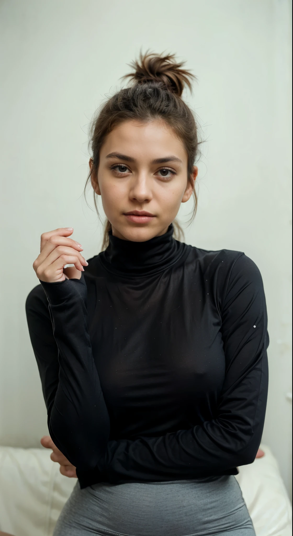 one beautiful woman, rebel, oval face, senseful lips, big brown eyes, 30 years old, slim sporty body, middle size breast, leaning back on a sofa, full body, half-side view, wearing tights and oversize sweatshirt, long dark brown hair, clothes are whole and consitant, no text, night time, backgorund blurred, cinematic lighting, motion blur, film grain, very detailed, 30 years, dark brown eyes, high-res, masterpiece, best quality, intricate details, highly detailed, sharp focus, detailed skin, realistic skin texture, texture, detailed eyes, professional, 4k, 85mm, shallow depth of field, perfect fit body, extremely detailed, photo_\(ultra\), photorealistic, realistic, post-processing, maximum detail, roughness, real life, ultra realistic, photorealism, photography, 8k uhd, photography (grain of film) medium shot for closeup shot, longer slimer face, perfect face, HANDS ARE HIDDEN, natural legs, wearing tights, natural arms, long face, slim face, flirty look, charming deep eyes, oval face, outside
