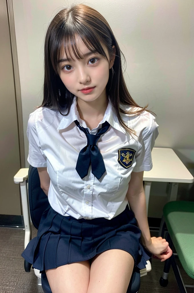 18 year old female、((school clothes))、big breasts、Inside a hospital examination room、sit in a chair、8K,Ultra high definition,highest quality,masterpiece,master piece,photorealistic,(1 girl:1.2),beautiful features,high school girl,