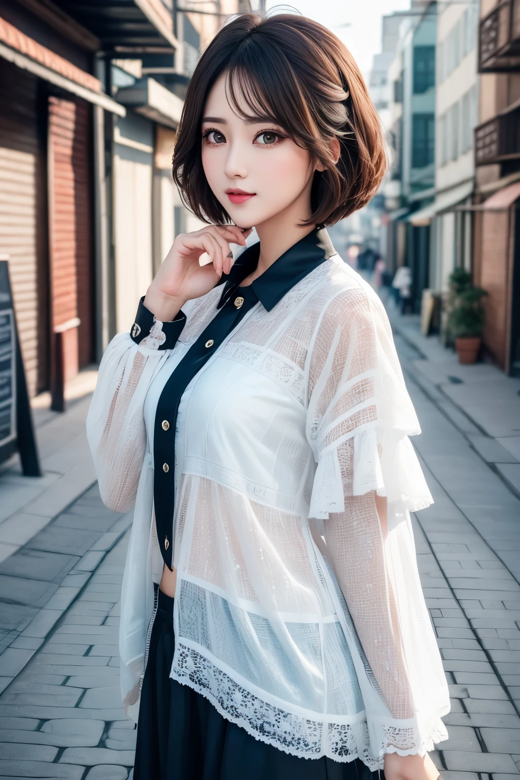 best quality, 32k, RAW photo, incredibly absurdres, extremely detailed, neat and cool beauty, flowing layered short bob cut, wearing dressed like a neat idol, amorous expression, lewd expression, slender, perfect proportion, professional lighting