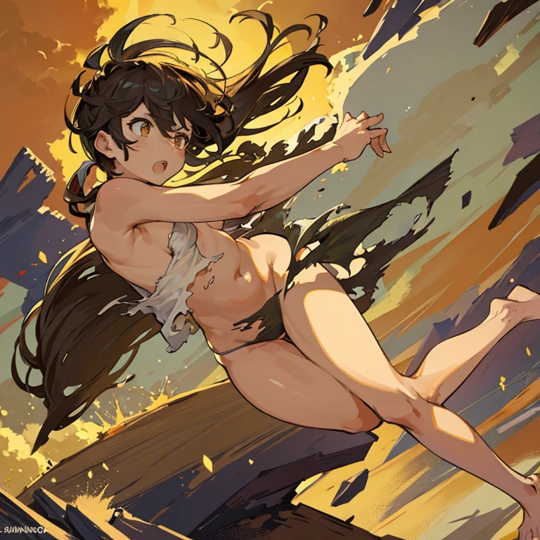 jumping lion nudist、Torn clothes are scattered around、Unstable buoyancy sandstorm、amazing dynamism、great angle、