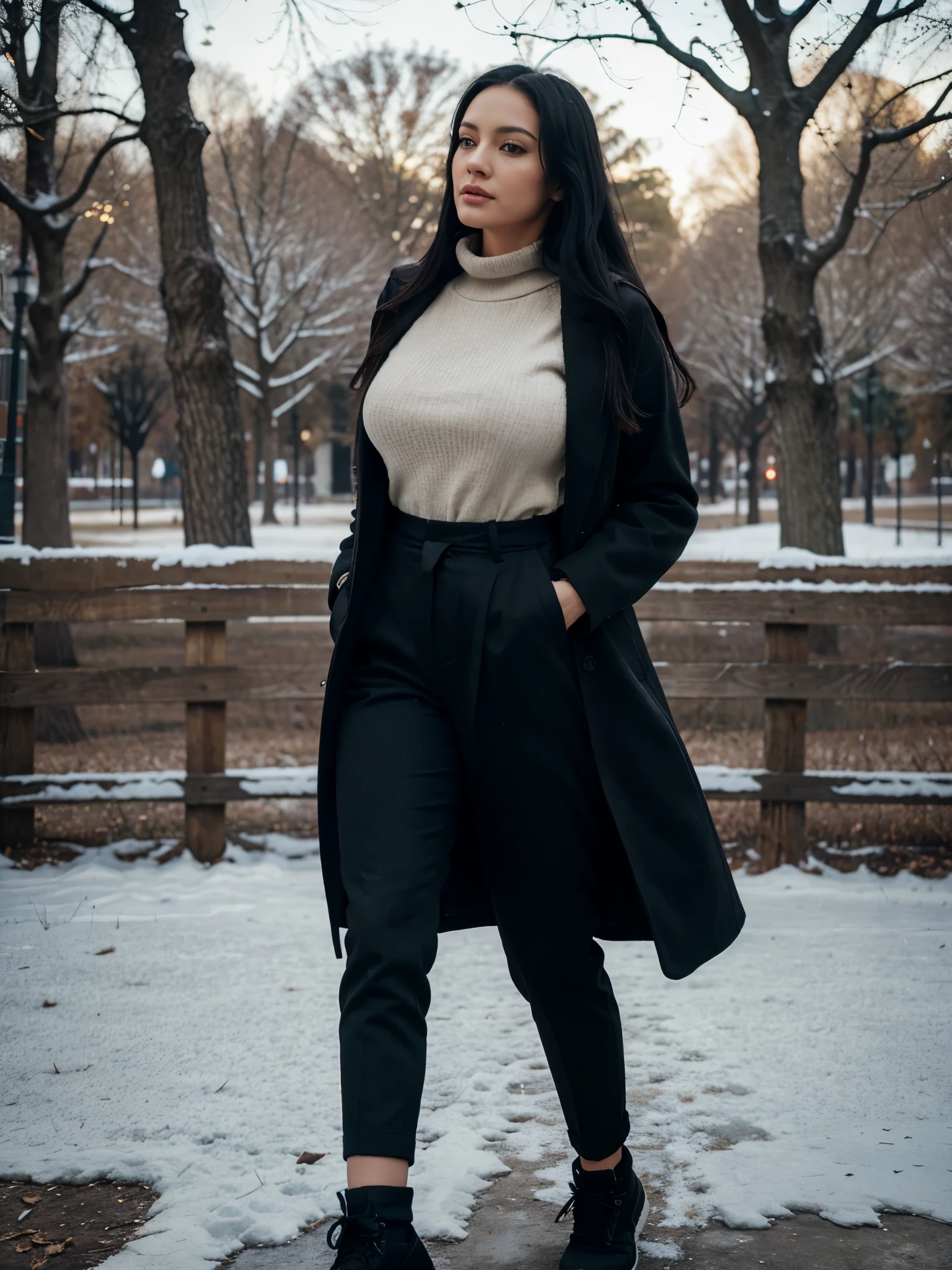 Woman walking in the park. Close photo. Long black hair. Wearing black coat, trousers and pulover. winter. Busty and big ass. Perfect body anatomy. Photorealistic. Realistic colors. Realistic lights. Masterpiece. Realistic anatomy. Highly detailed. Realistic details. High quality.