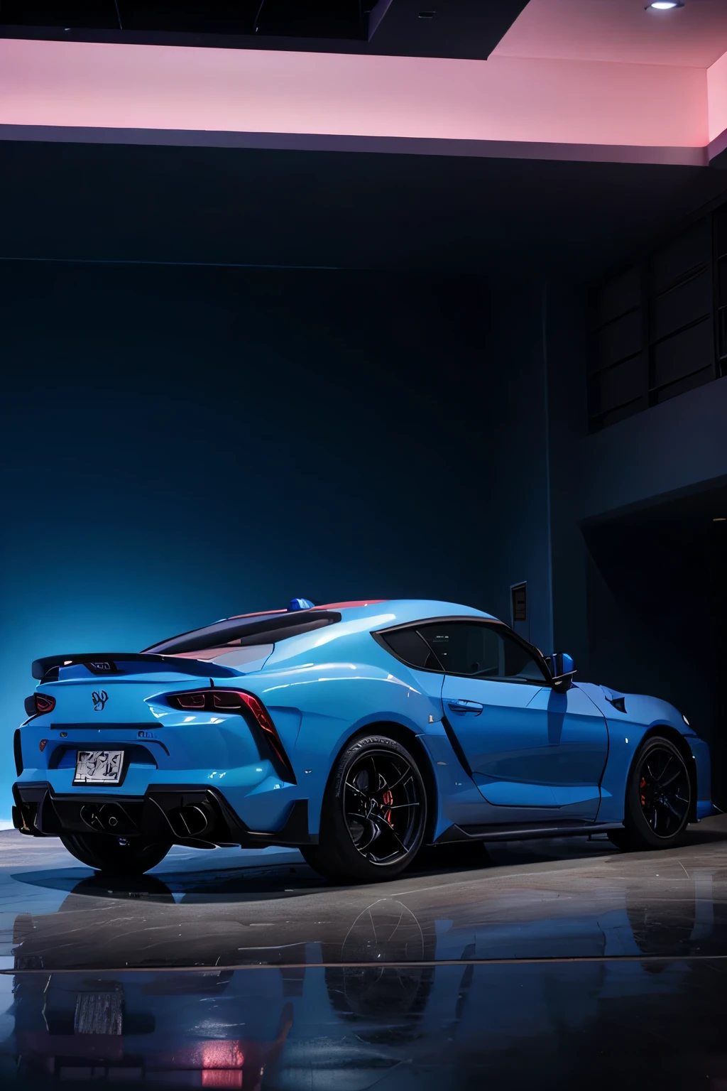 Detailed realistic supra sports car in a blue and pink lighting environment, cidade a noite