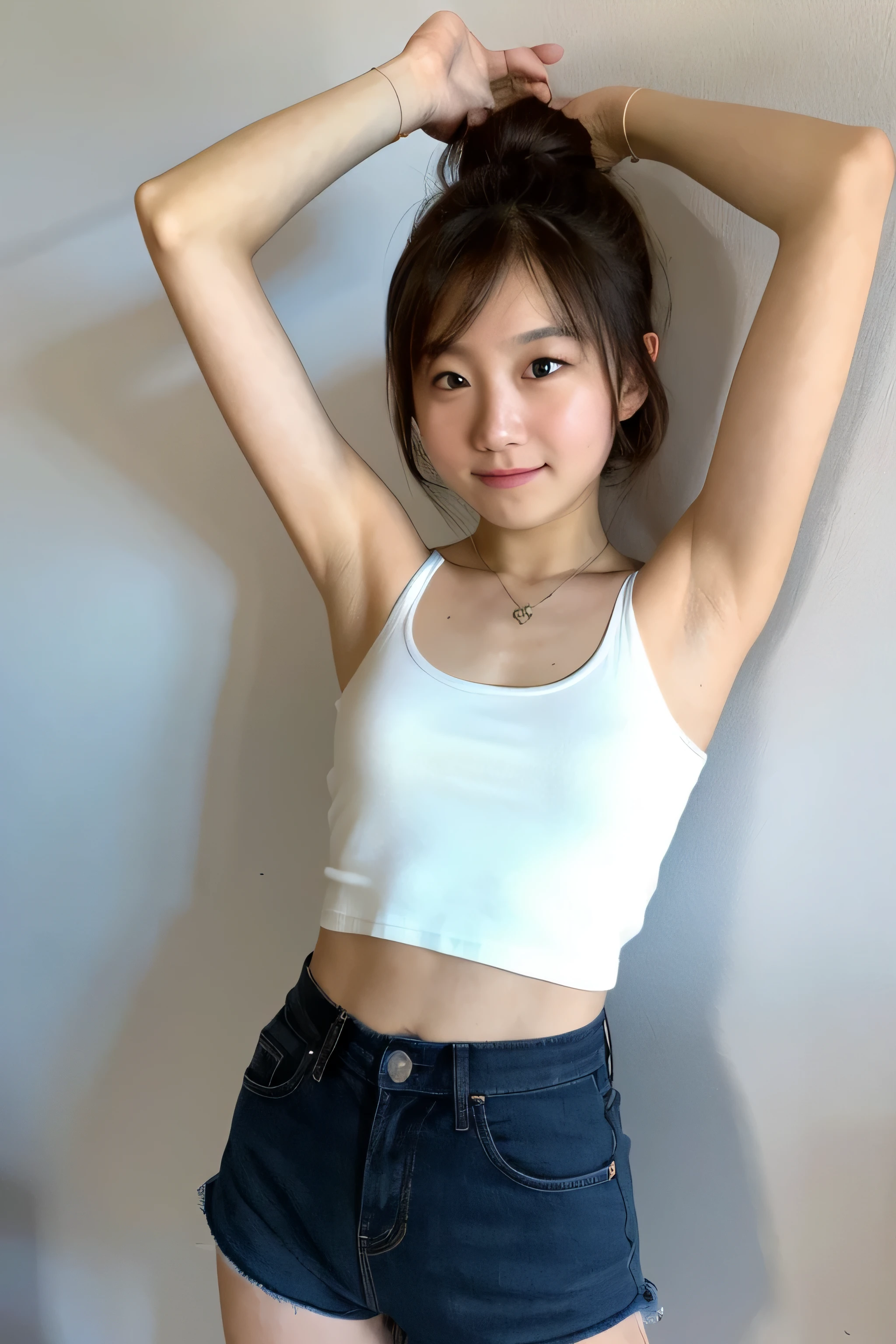 girl　Wear a tank top and miniskirt　arms up pose