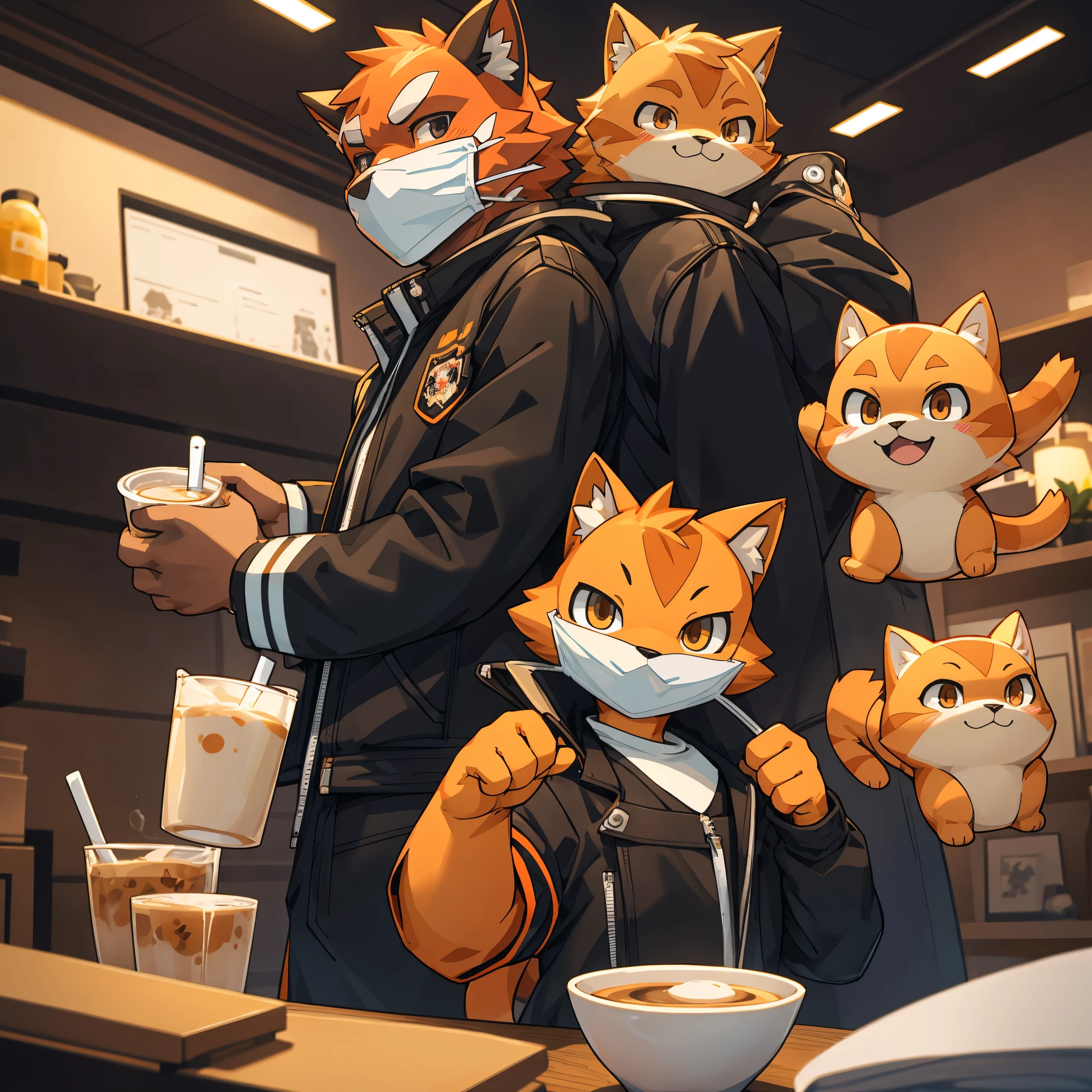 Anthropomorphic character Orange Cat, holding milk tea in hand，look at viewer，black black jacket, mouth mask, bad boy, adolable, Curta, kawaii, 3D drawing, Light smile, hyper HD, Masterpiece, ccurate, High details, High quality, Award-Awarded, Best quality, A high resolution, 16k,rendering by octane