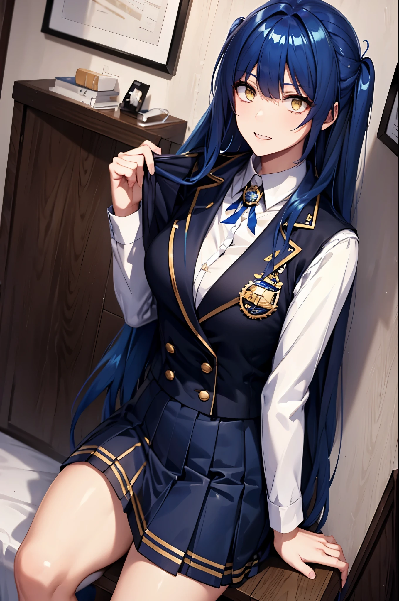 long hair, blue hair, yellow eyes, (twintails:1.1) blue suit, skirt, shirt, school uniform, badge on the chest
