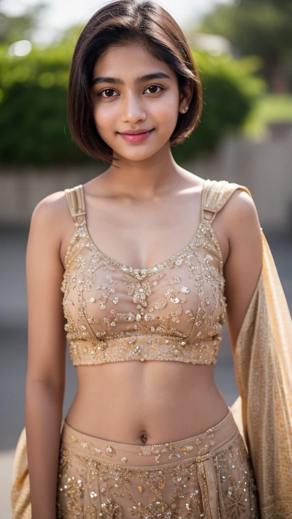 A photograph of Indian girl, bright smile, 30s,Cute face, short hairs ,beautiful, detailed face , full body , looking at camera, portrait, 8k uhd, high quality , Beautiful model