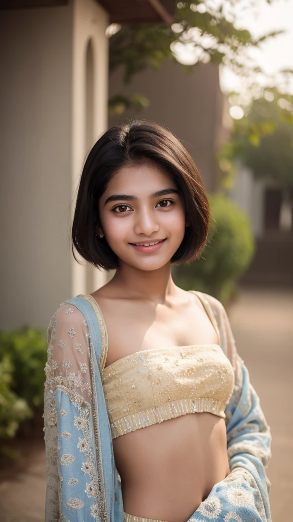 A photograph of Indian teen girl, bright smile, 30s,Cute face, short hairs ,beautiful, detailed face , full body , looking at camera, portrait, 8k uhd, high quality , Beautiful model