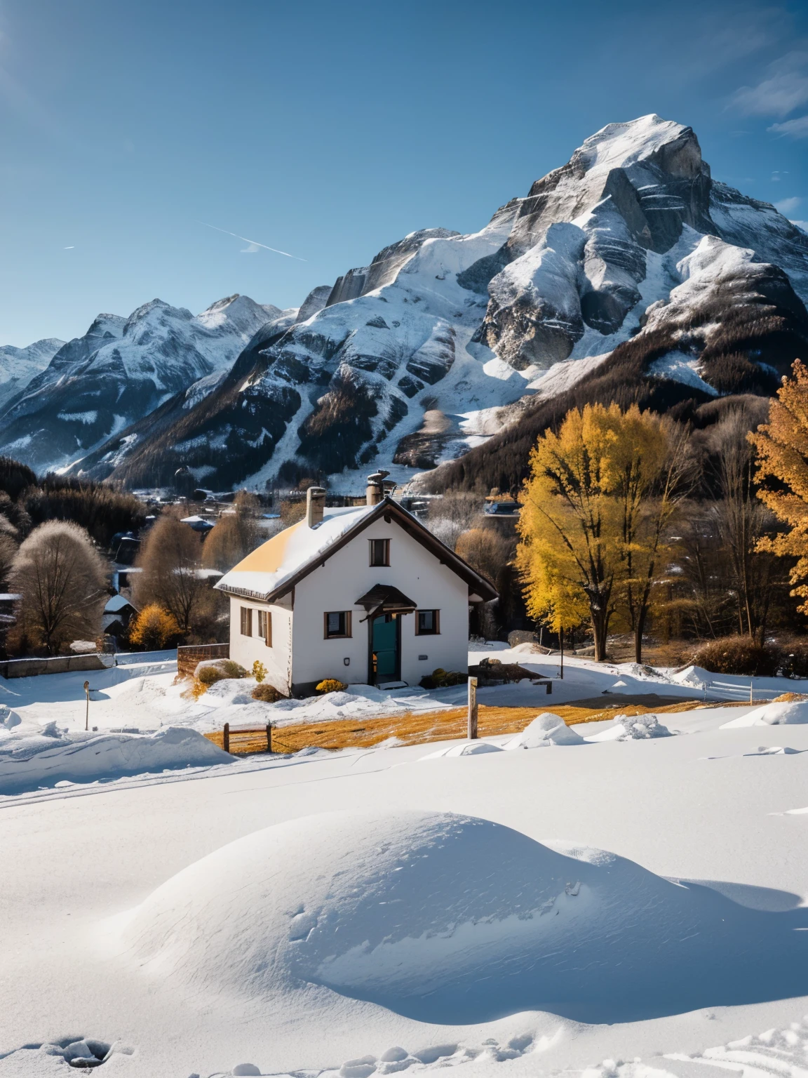 landscape photography, foreground, Rock, interest subject of small house, background mountain snow, location Switzerland, Lightroom presets color tone smooth, white, gray, yellow, orange, sharp crispy, details, high quality, UHD graphics, 8k.