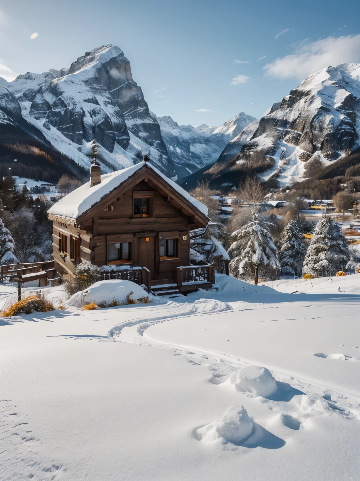 landscape photography, foreground, Rock, interest subject of small house, background mountain snow, location Switzerland, Lightroom presets color tone smooth, white, gray, yellow, orange, sharp crispy, details, high quality, UHD graphics, 8k.