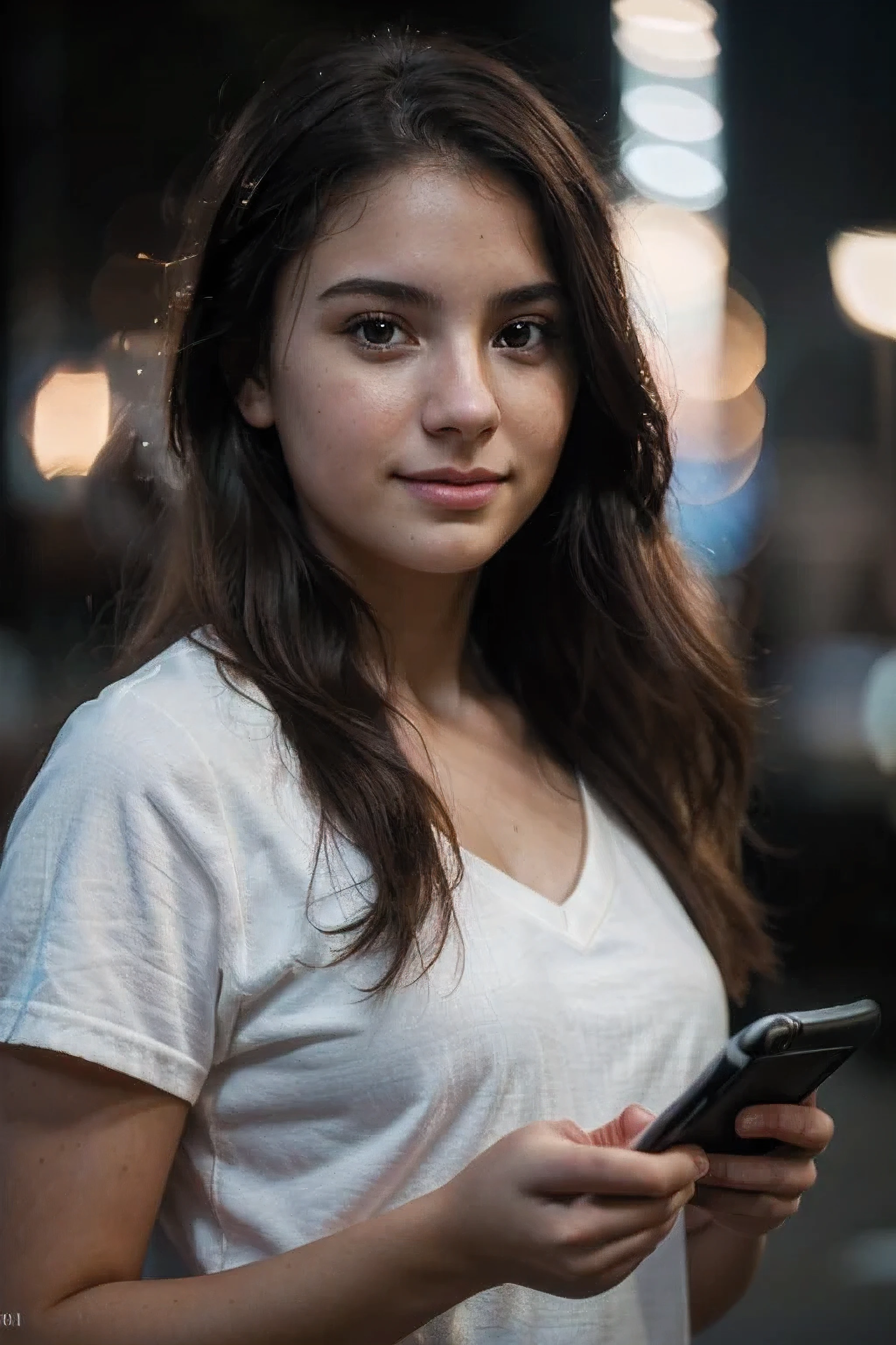 4k highly detailed realistic RAW digital photography of very high quality, a portrait of a 22 year old young woman with a cell phone in her hand, feliz. , 8k, cinematic lighting, Greg Rutkowski, uau, (F1.8 bokeh foco curto)