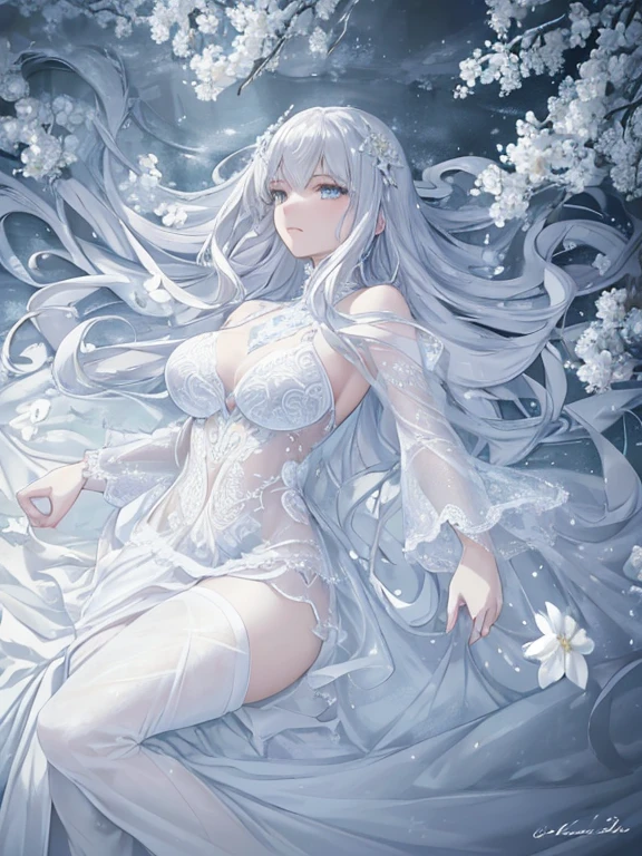 Paradise in Heaven, White lighting,(muste piece), (best quality), (cinematic), 8K, (art station),(長いwhite hairとSilvery eyesを持つ1人の女), (beautiful delicate face)、[Frozen trees々], [landscape crystal], [lighting], [Ethereal Atmosphere:1.1], [fantasy, short story] ,[soft なlighting] 、(+cinematic shot:1.2)、 [+art station] 、[+luminous white background] 、 [soft glow] 、(Creative and dynamic angles:1.3), [+Crystal Toning] 、muste piece, very detailed, Super detailed, solo, (pale skin), Silvery eyes, white hair, (snow background), (snowflake rosen flower:1.0), (shining crystal), (Snowy ground), (White lashes), sexy woman、dreamy and detailed, Gorgeous setting, 妖しい雰囲気 muste piece, The most beautiful scenes, majestic、(((full of white flowers)))、quiet and serene atmosphere、attractive, all white tones,Inside the crystal library,Transparent flowers and falling snow，Many white roses are planted,(water flowing,waterfall,water bloom),The decoration is also carefully done.,dream（very detailedです，creative design，crisp and precise lines，K HD，best quality，master piece，超High resolution，In 4K）、Diverse poses、((beautiful white flower hair ornament))、beautiful hairstyle、(best quality, In 4K, 8K, High resolution, muste piece:1.2), Super detailed, detailed expression, graceful posture, expressive brush strokes, mysterious atmosphere, artistic interpretation,Delicate floral jewelry， (((Detailed design、Beautiful lace translucent dress、see-through small dress)))、(SFW:1.5), (oversized breasts, best body proportions, proportions of large breasts,:1.5),(white decoration on thigh)、((Beautiful crystal accessories on the legs))。((Beautiful crystal accessories on the arm))