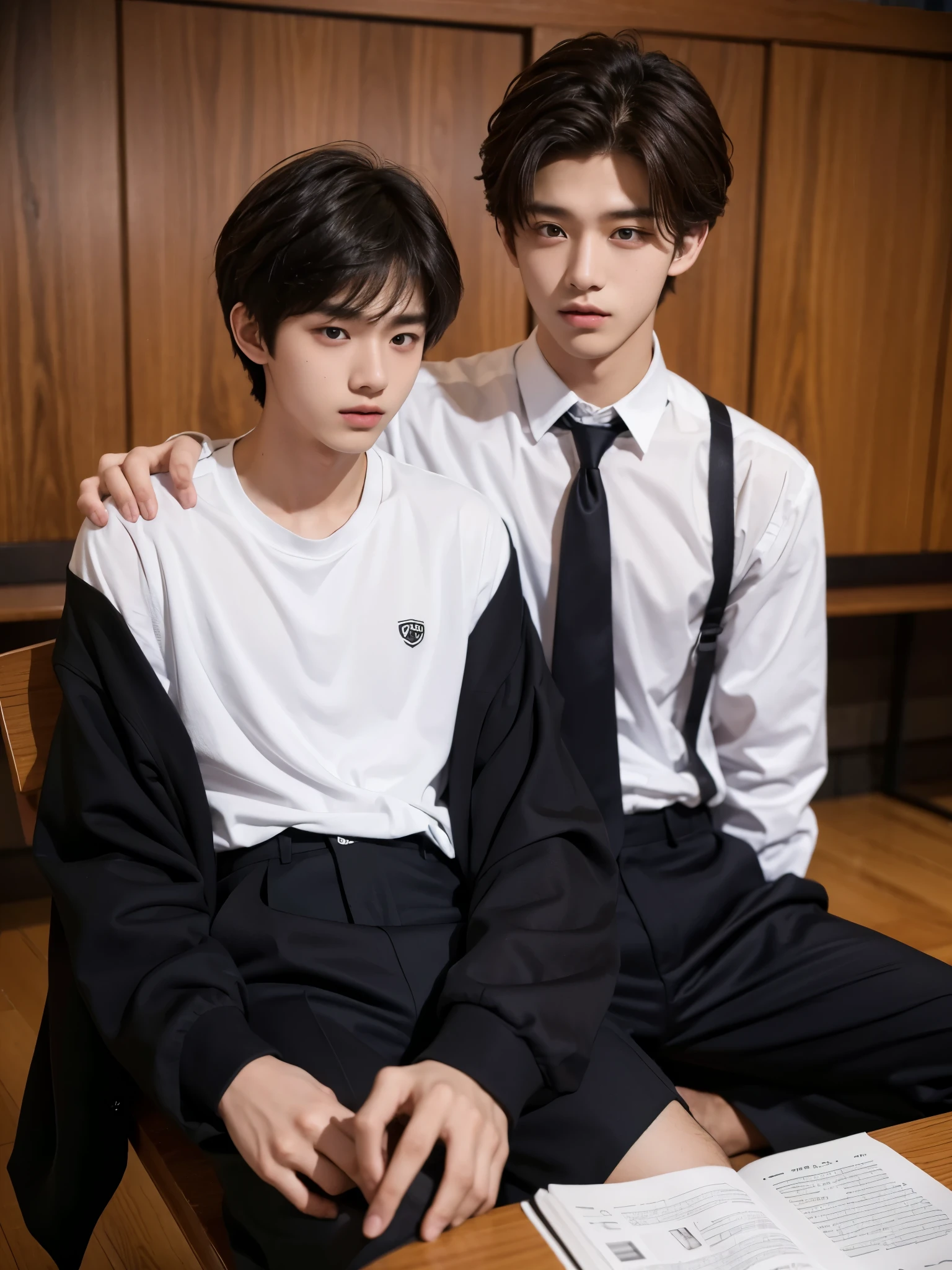 boy, 17 y.o, handsome, comma hair, long-sleeved shirt, tie, high school