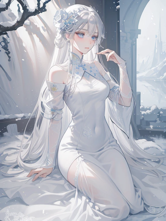 Paradise in Heaven, White lighting,(muste piece), (best quality), (cinematic), 8K, (art station),(長いwhite hairとSilvery eyesを持つ1人の女), (beautiful delicate face)、[Frozen trees々], [landscape crystal], [lighting], [Ethereal Atmosphere:1.1], [fantasy, short story] ,[soft なlighting] 、(+cinematic shot:1.2)、 [+art station] 、[+luminous white background] 、 [soft glow] 、(Creative and dynamic angles:1.3), [+Crystal Toning] 、muste piece, very detailed, Super detailed, solo, (pale skin), Silvery eyes, white hair, (snow background), (snowflake rosen flower:1.0), (shining crystal), (Snowy ground), (White lashes), sexy woman、dreamy and detailed, Gorgeous setting, 妖しい雰囲気 muste piece, The most beautiful scenes, majestic、(((full of white flowers)))、quiet and serene atmosphere、attractive, all white tones,Inside the crystal library,Transparent flowers and falling snow，Many white roses are planted,(water flowing,waterfall,water bloom),The decoration is also carefully done.,dream（very detailedです，creative design，crisp and precise lines，K HD，best quality，master piece，超High resolution，In 4K）、Diverse poses、((beautiful white flower hair ornament))、beautiful hairstyle、(best quality, In 4K, 8K, High resolution, muste piece:1.2), Super detailed, detailed expression, graceful posture, expressive brush strokes, mysterious atmosphere, artistic interpretation,Delicate floral jewelry， (((Detailed design、Beautiful lace translucent dress、see-through small dress)))、(SFW:1.5), (oversized breasts, best body proportions, proportions of large breasts,:1.5),(white decoration on thigh)、((Beautiful crystal accessories on the legs))。((Beautiful crystal accessories on the arm))