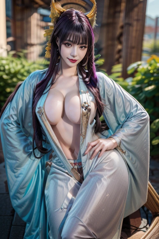 (((photorealistic)))，(((muste piece)))，(((best quality)))，(((High resolution)))，(((8ＫThen)))，((real skin))，((real human-like images))，(((very beautiful woman)))，23 years old，((Japanese))，(solo)，(((big breasts:1.25)))，(((cleavage:1.25)))，(((swelling of the nipples))), detailed skin, detailed description, ((detailed face and eyes))，(((brown eyes)))，(((purple hair)))、 (((long wavy hair)))，(((very beautiful face)))，well-shaped face, symmetrical clear eyes,,(((detailed face))), perfect proportions,(((model-like proportions))), (((Very detailed and accurate depiction of the human body:1.25)))，((Very happy smile))，(((Hold your legs wide open:1.2)))，(((M.-shaped legs:1.5)))，(((Sexy Pachinko Swimsuit)))，nsfw