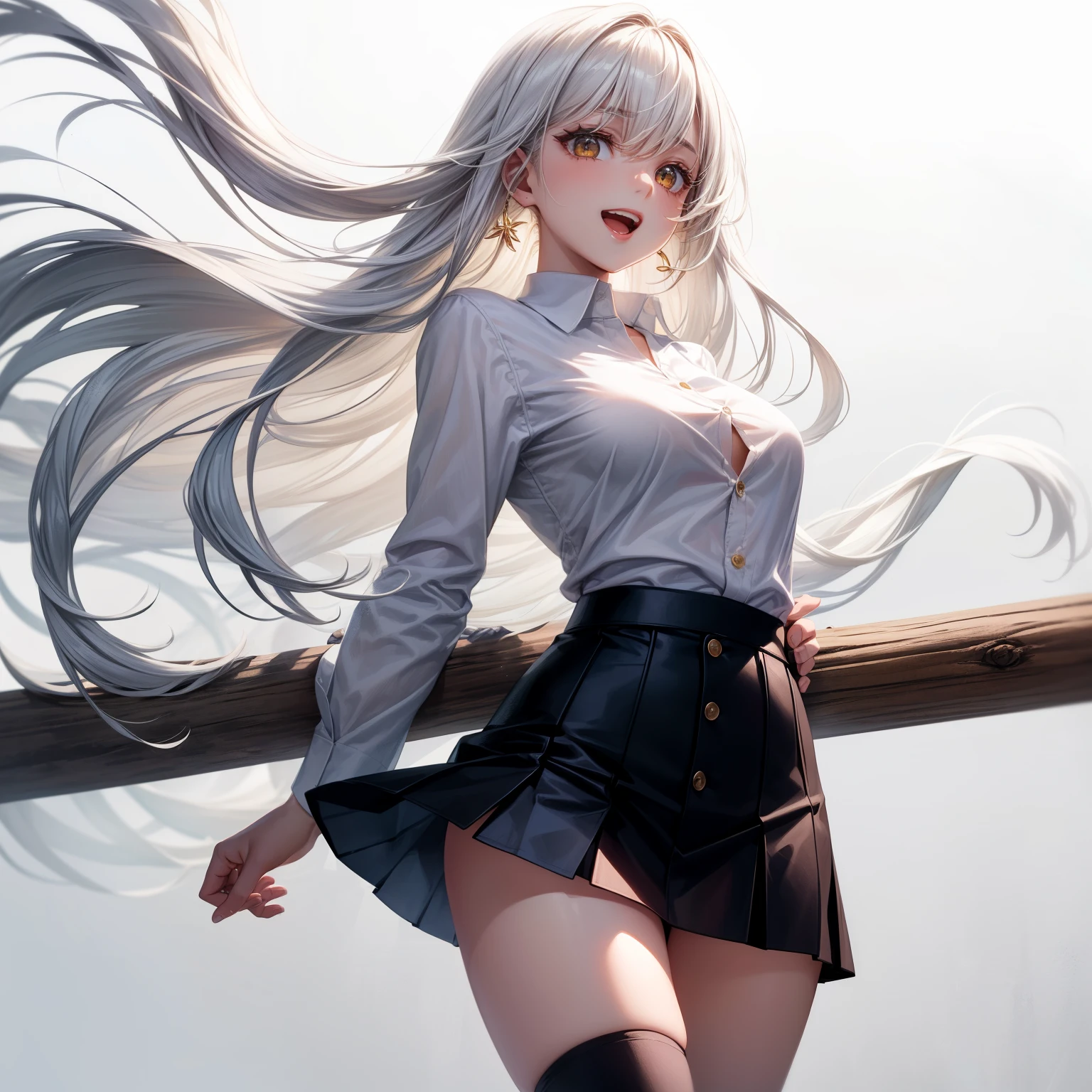 ((masterpiece, best quality)), (1 girl), (alone), (female focus), (ahog, white hair, very long hair), golden eyes, clear smile, open mouth, ((White shirt), (button shirt), (Clearance button)), ((black skirt), (short skirt)), permanent, White background, Put your arms behind your back, dynamic angle