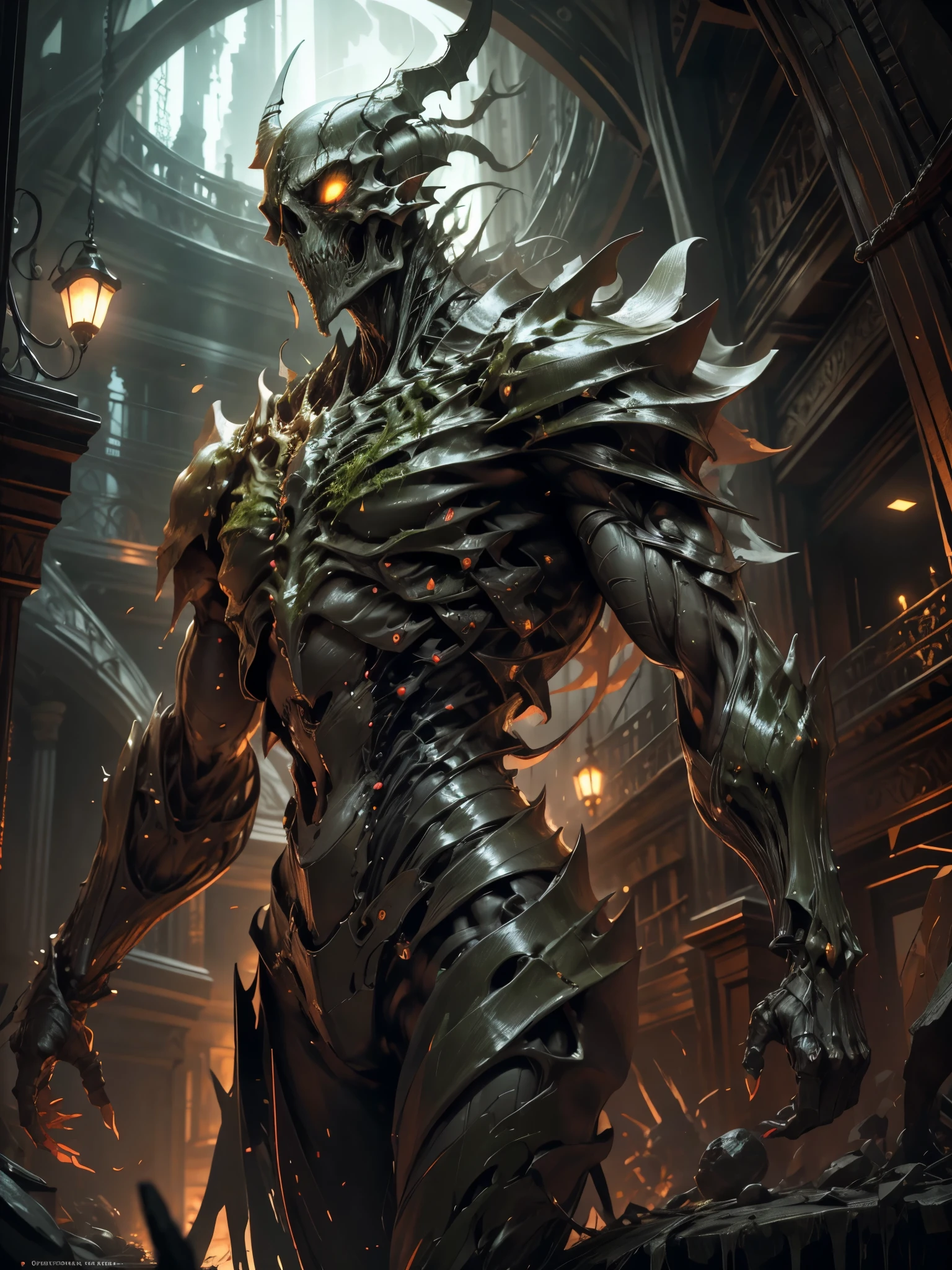 Stunning illustration, zombie Green-Goblin From marvel emerges from the darkness with a skeletal, decomposed figure, wrapped in his iconic green suit, ahora desgastado y desgarrado. Their pale, decomposed skin shows visible bones in some areas, while muscles, mostly consumed, apenas sostienen su estructura. Sus ojos, una vez vivaces, now they are empty and opaque, surrounded by dark circles that accentuate their macabre nature.El traje, manchado de sangre seca y mugre, cuelga de su cuerpo en jirones, revelando hueso y carne muerta en varios puntos. Aunque su aspecto es espeluznante, Arachnid agility is still discernible in its hunched posture and in the remains of cobwebs clinging to its Black body..paisaje nocturno y siniestro, con una luna llena brillante pero distorsionada, rodeada de nubes ominosas y tormentosas. Faint rays of light filter through the clouds, bathing the zombie Green-Goblin in spectral illumination.
