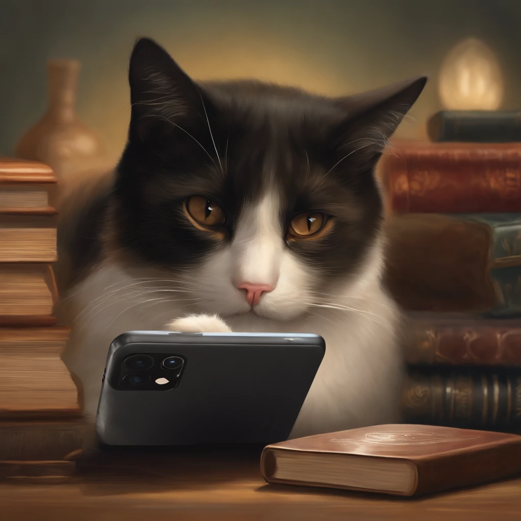 A cat was playing games using Iphone 15, Illustration of 1 cat, Ultra-realistic illustrations, Ultra-realistic illustrations, hyperrealistic illustration, a cat. realistic painting, Author：Wayne England, realistic illustration, Ultra-realistic illustrations, Portrait, close portrait, Award-winning surrealism, Author：Lisa Mirroy, Galen Dara