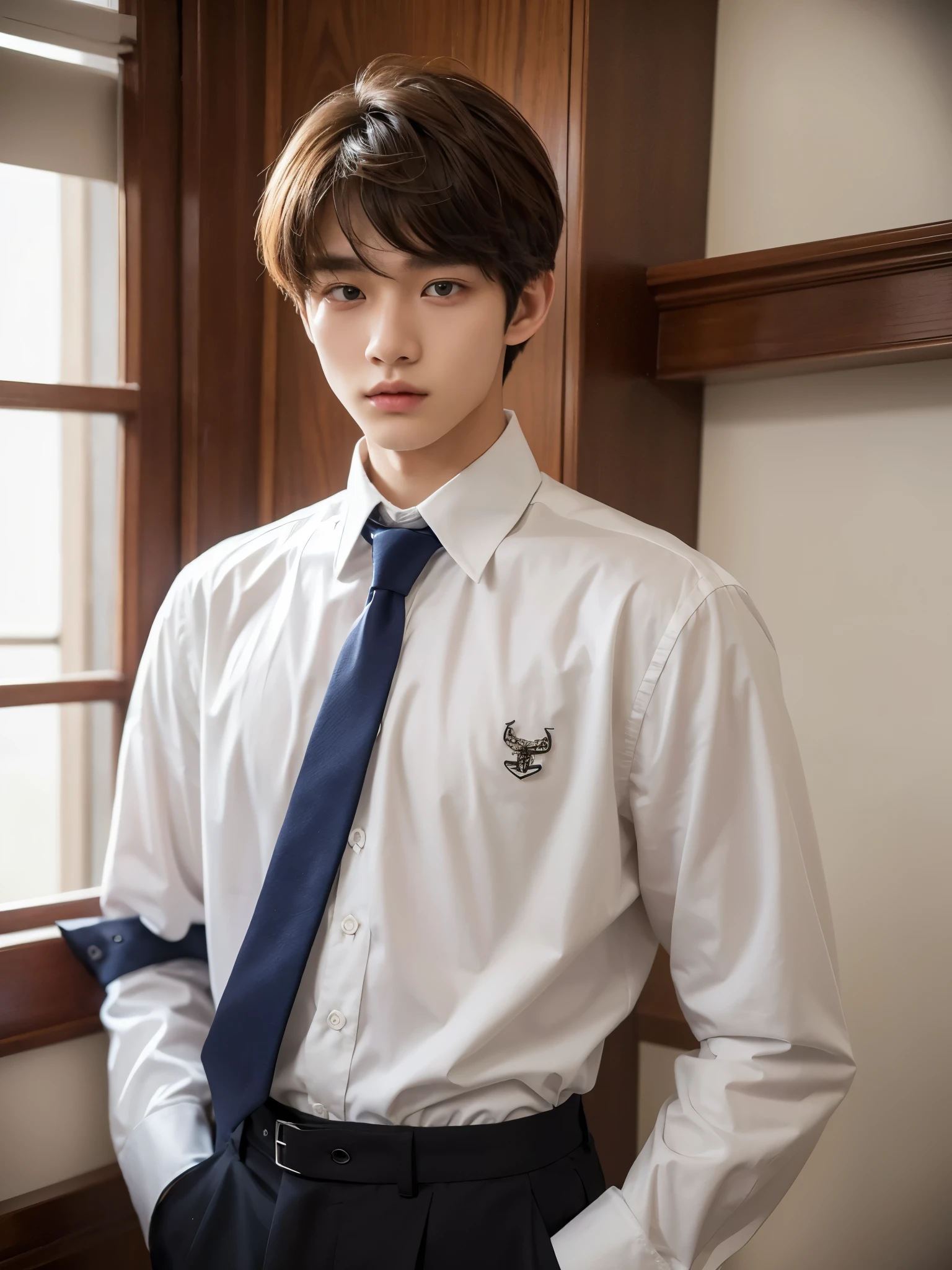 boy, 17 y.o, handsome, comma hair, long-sleeved shirt, tie, high school