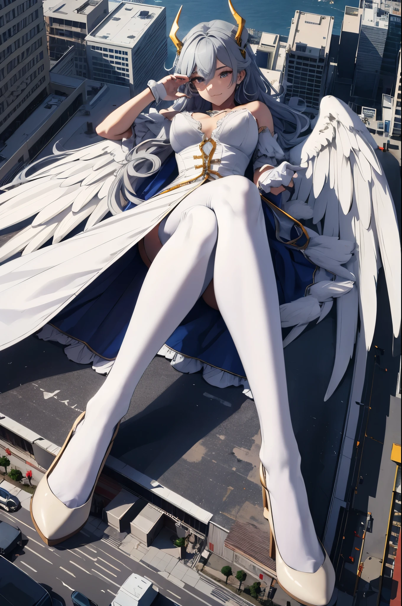 Aerial View,giant girl 50,000 feet high,Have a pair of long legs,Has a pair of huge angel wings,With huge devil horns on his head,Has white waist-length hair,loose hair,Wearing a pair of Mary Jane heels,white wavy hair,lace gloves,lace pantyhose,蕾丝whole body,leaning upright on a tall building,城市到处是blood stains,Beautiful appearance,Exquisite makeup,quality,8k,高quality,(governor:1.5),Perfect proportion, Cinema lighting,film grain,Fuji colors,8k,textured skin,Super details,high detail,high resolution,explode,fake smile,blood stains,脚底有blood stains,whole body,Fat stature