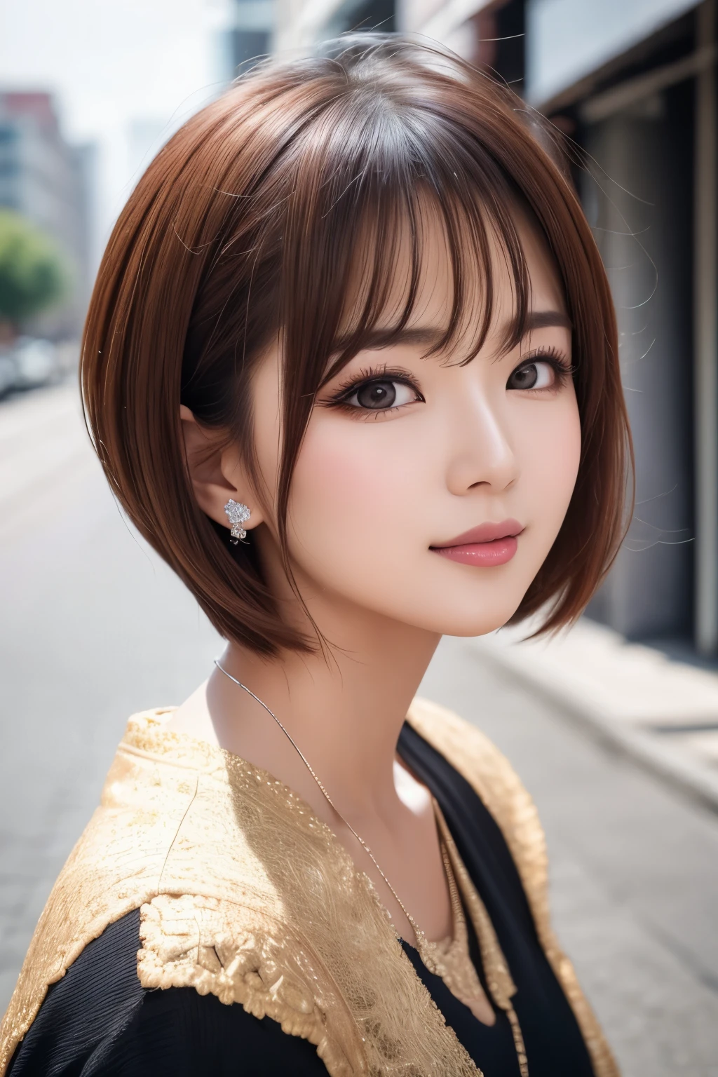 best quality, 32k, RAW photo, incredibly absurdres, extremely detailed, neat and cool beauty, flowing layered short bob cut, wearing dressed like a neat idol, amorous expression, lewd expression, slender, perfect proportion, professional lighting