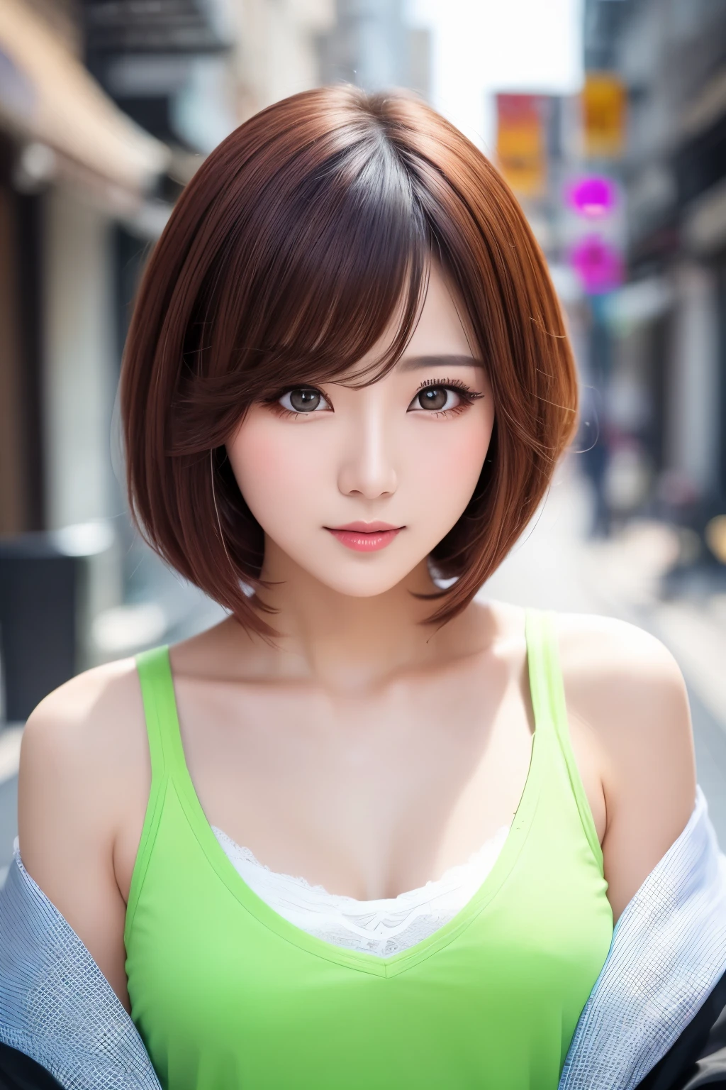 best quality, 32k, RAW photo, incredibly absurdres, extremely detailed, neat and cool beauty, flowing layered short bob cut, wearing dressed like a neat idol, amorous expression, lewd expression, slender, perfect proportion, professional lighting