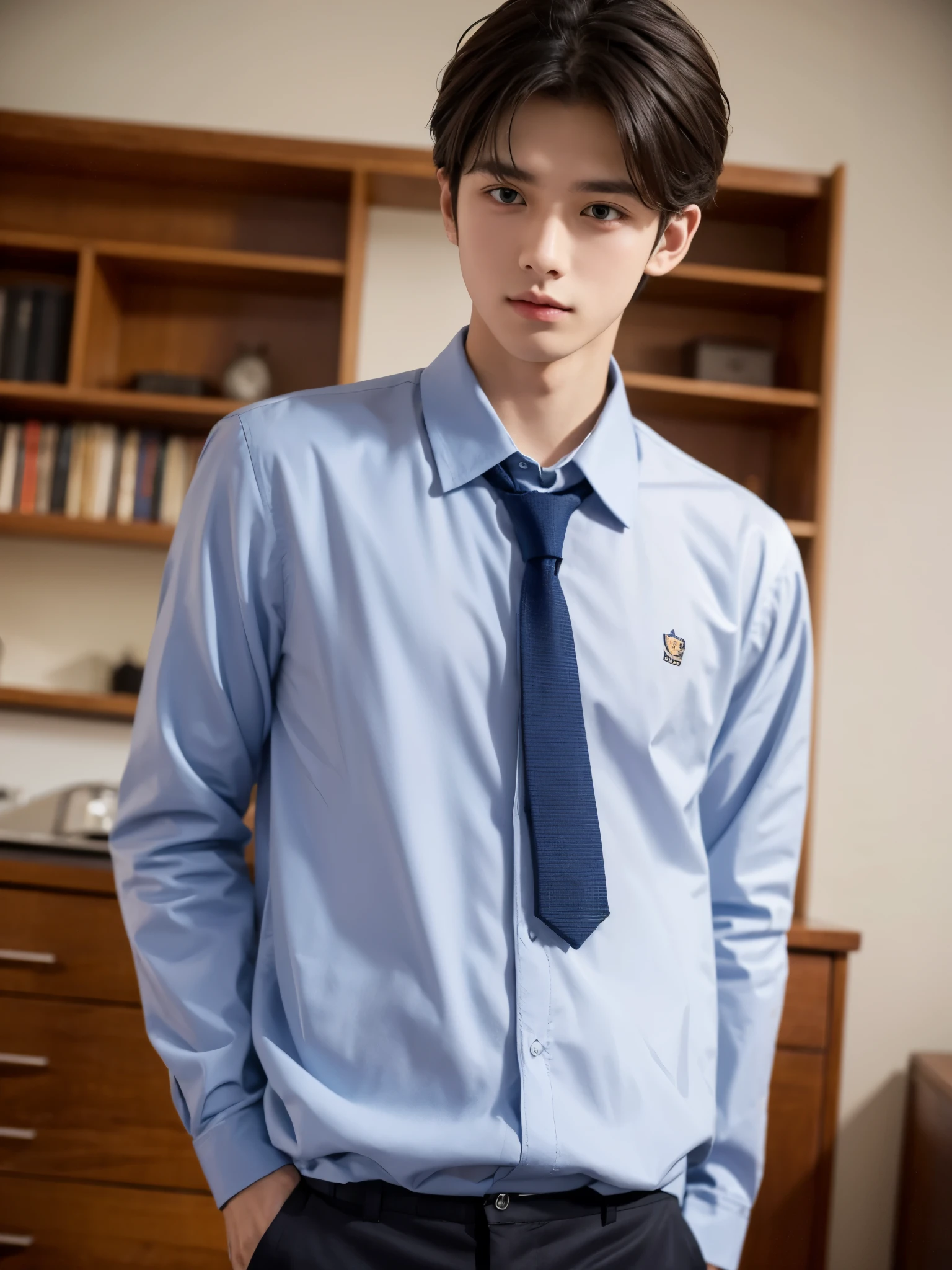 boy,  y.o, handsome, comma hair, long-sleeved shirt, tie, high school