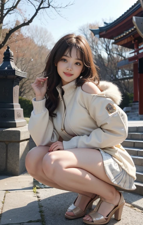 highest quality、masterpiece、ultra high resolution、Photoreal、RAW photo、1 girl、sexy look、hair on shoulders、The lower half is curled and sauvage、cute smile like a model、frontage、Hair color is blonde、Yellow tight mini skirt、Ordinary high heels、eyes are double、wear mascara、Cute pose like a model、cute face、Gorgeous like a model、ultimate beauty、cute smile、bright smile、Masseter muscle part、highest quality、Clothes suitable for winter、trendy down jacket、The scenery in the background is Dazaifu Tenmangu Shrine.、Japanese New Year's visit、draw a fortune、There are many worshipers、A bronze statue of a cow sitting sideways can be seen in the background、