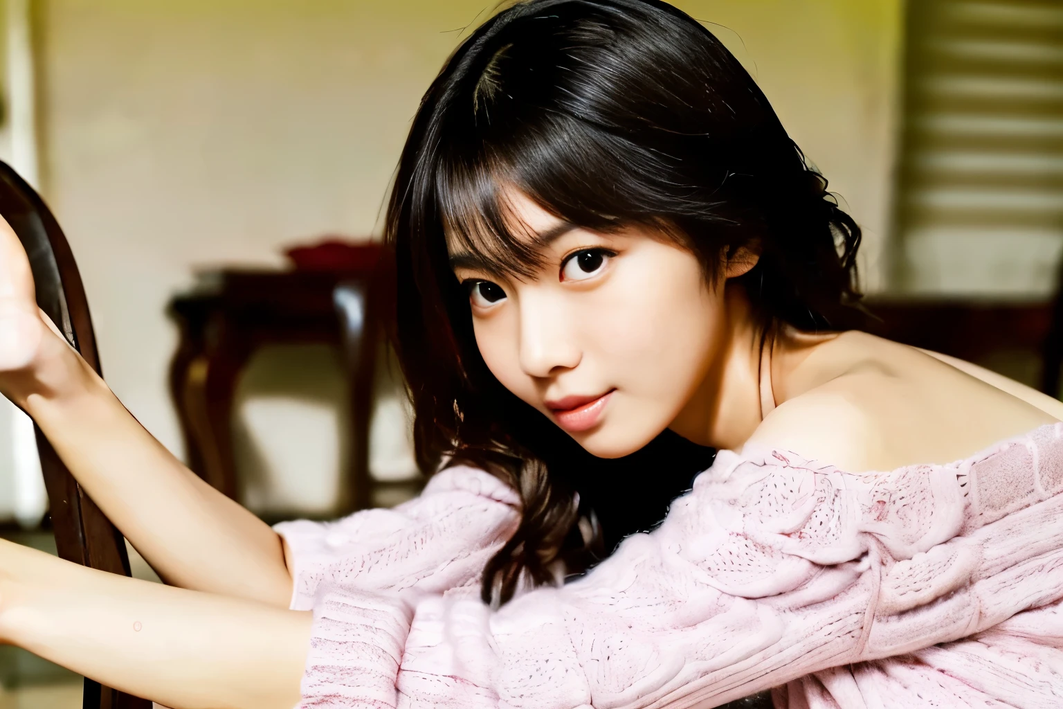 (raising one leg:1.4)(a japanese beautiful woman in a white sweater sitting a chair)(only panty on the lower body:1.4)(from below)(big breast) (best quality)( 8k)(detailed face:1.2)
