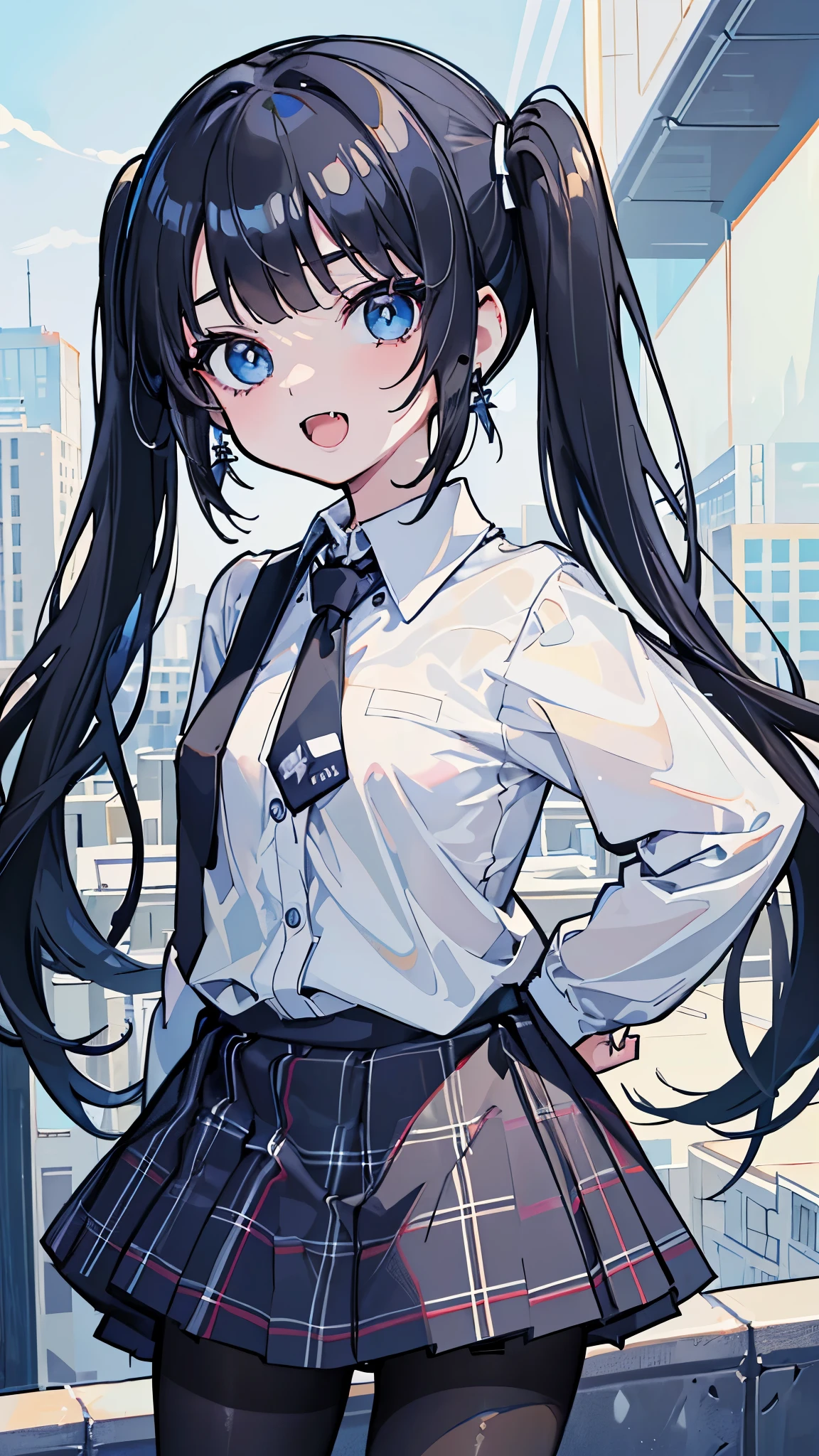 (8K、Highest image quality、highest quality、masterpiece)、detailed face、1 girl、black hair、twintails、blunt bangs、light blue eyes、earrings、Show your fangs and laugh、small breasts、white shirt、black ribbon tie、((light blue plaid mini skirt))、arms behind、black pantyhose、arms behind back、cowboy shot、rooftop background