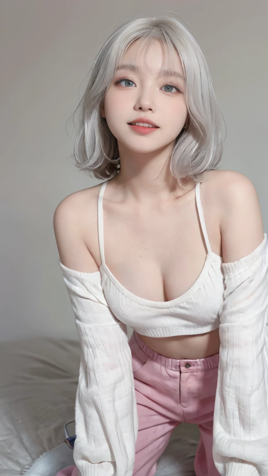 best image quality、RAW photo、ultra high resolution、21 years old Korean、small breasts、dynamic angle、cowboy shot、The most beautiful forms of chaos、elegant、innovative design、Bright colors、beautiful white hair、short bob、smile、glossy white skin、beautiful eyes with random colors、Very beautiful eyes down to the details、thin lips、detailed beautiful eyes、elongated eyes、pale pink cheeks、long eyelashes、beautiful double eyelids、eye shadow、city、big sweater、baggy pants、fold your arms、shot from the side、crawl on all fours、sexy pose、zoom up