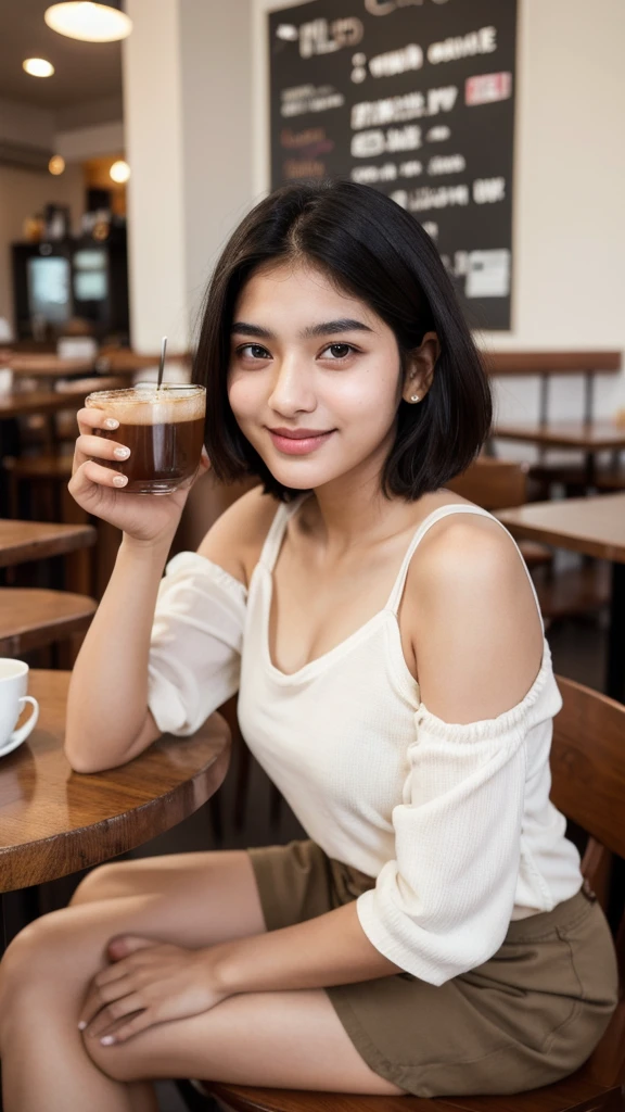 A photograph of Indian teen girl, bright smile, 30s,Cute face, short hairs ,beautiful, detailed face , full body , sitting in cafe with drinking lette coffee, portrait, 8k uhd, high quality , Beautiful model 
