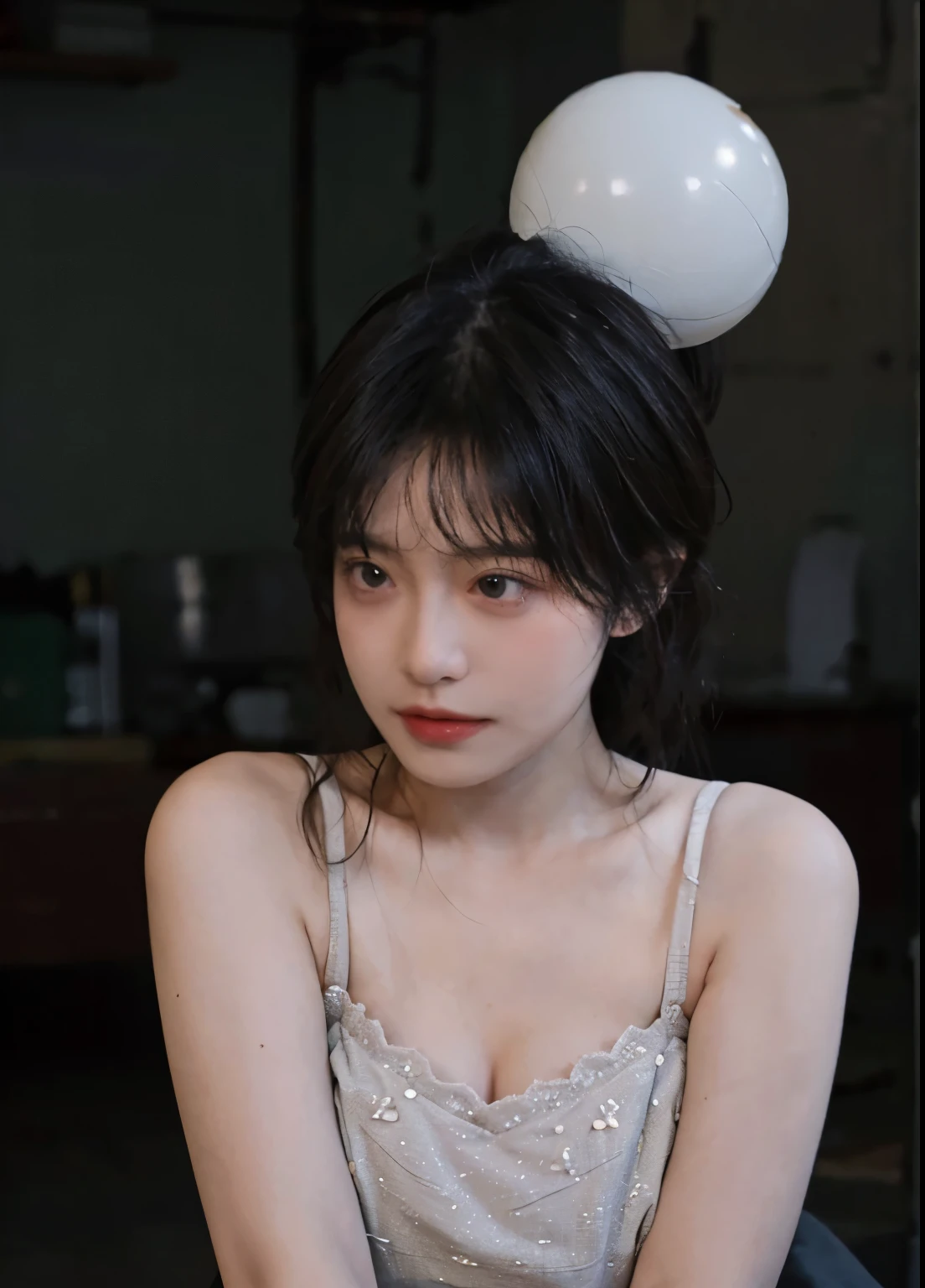 best quality,masterpiece,ultra high resolution,(realistically:1.4),1 girl,Raised sexy,a ball head,(bra:1.4),(Large cleavage:1.2),(upper part of body:1.4)