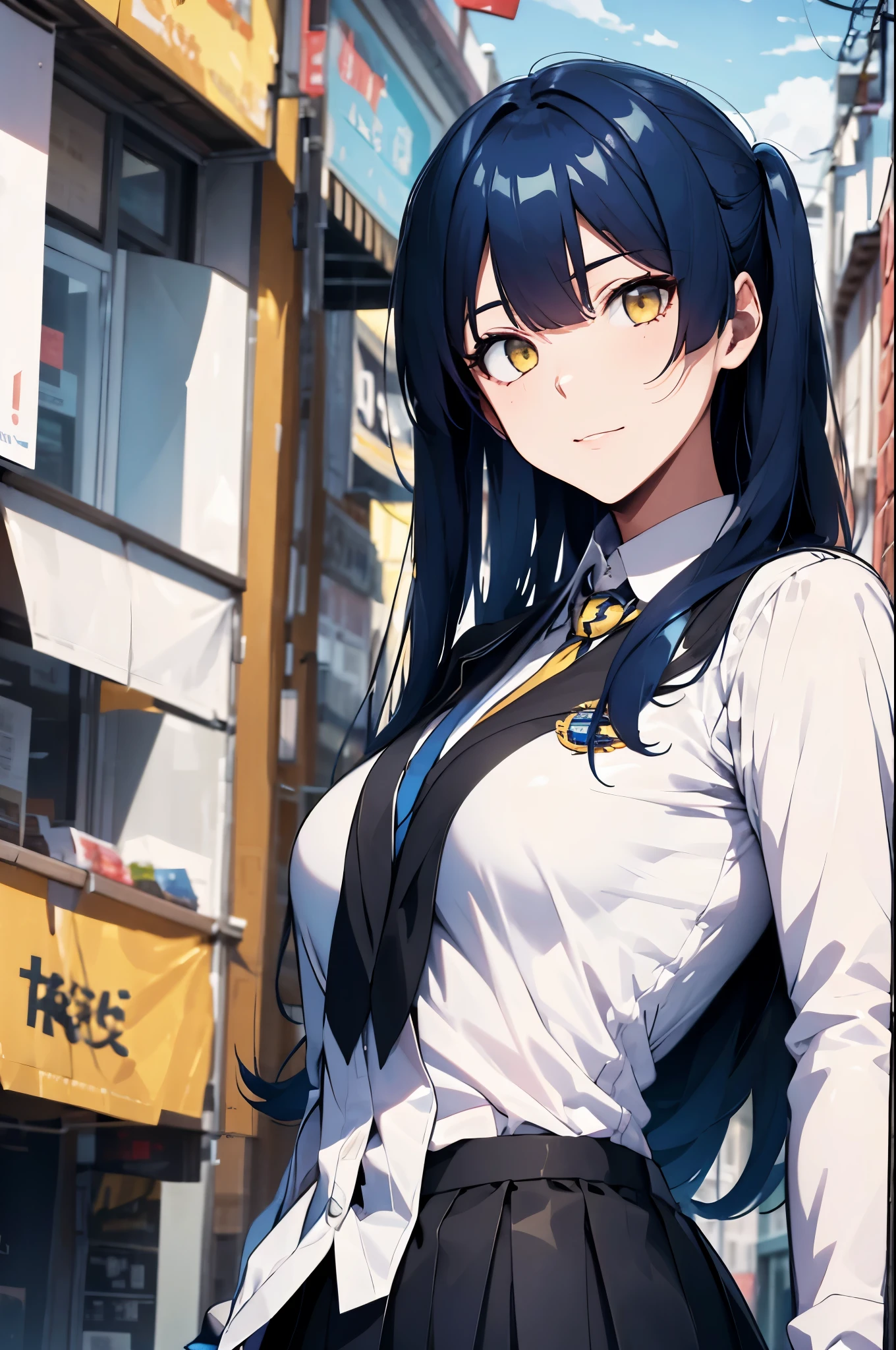 long hair, blue hair, yellow eyes, (twintails:1.1) blue suit, skirt, shirt, school uniform, badge on the chest
