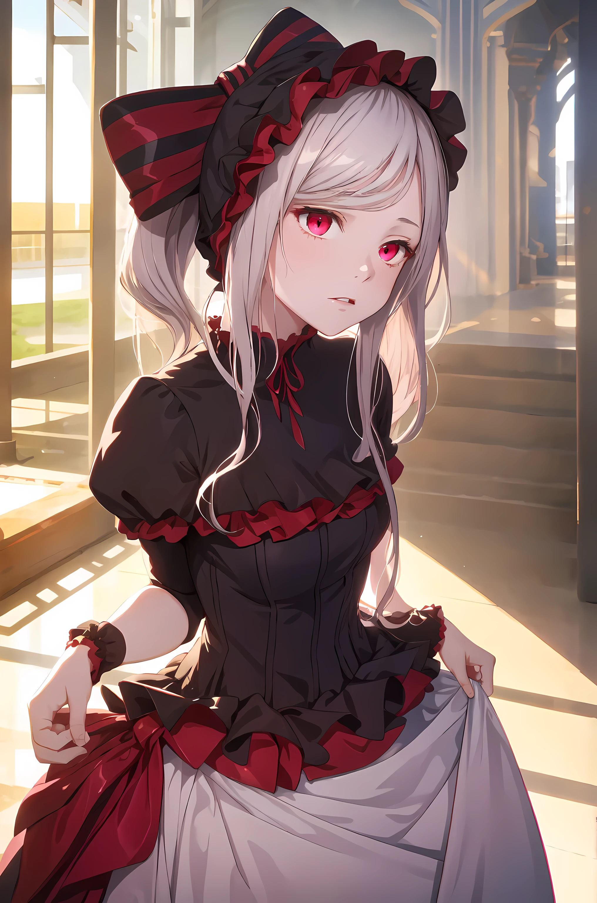 Shalltear V4, best quality, 1 girl, alone, skirt, decorate, bow, hair bow, direction, pale skin, luminescent, luminescent eyes, portrait, best quality, high resolution.